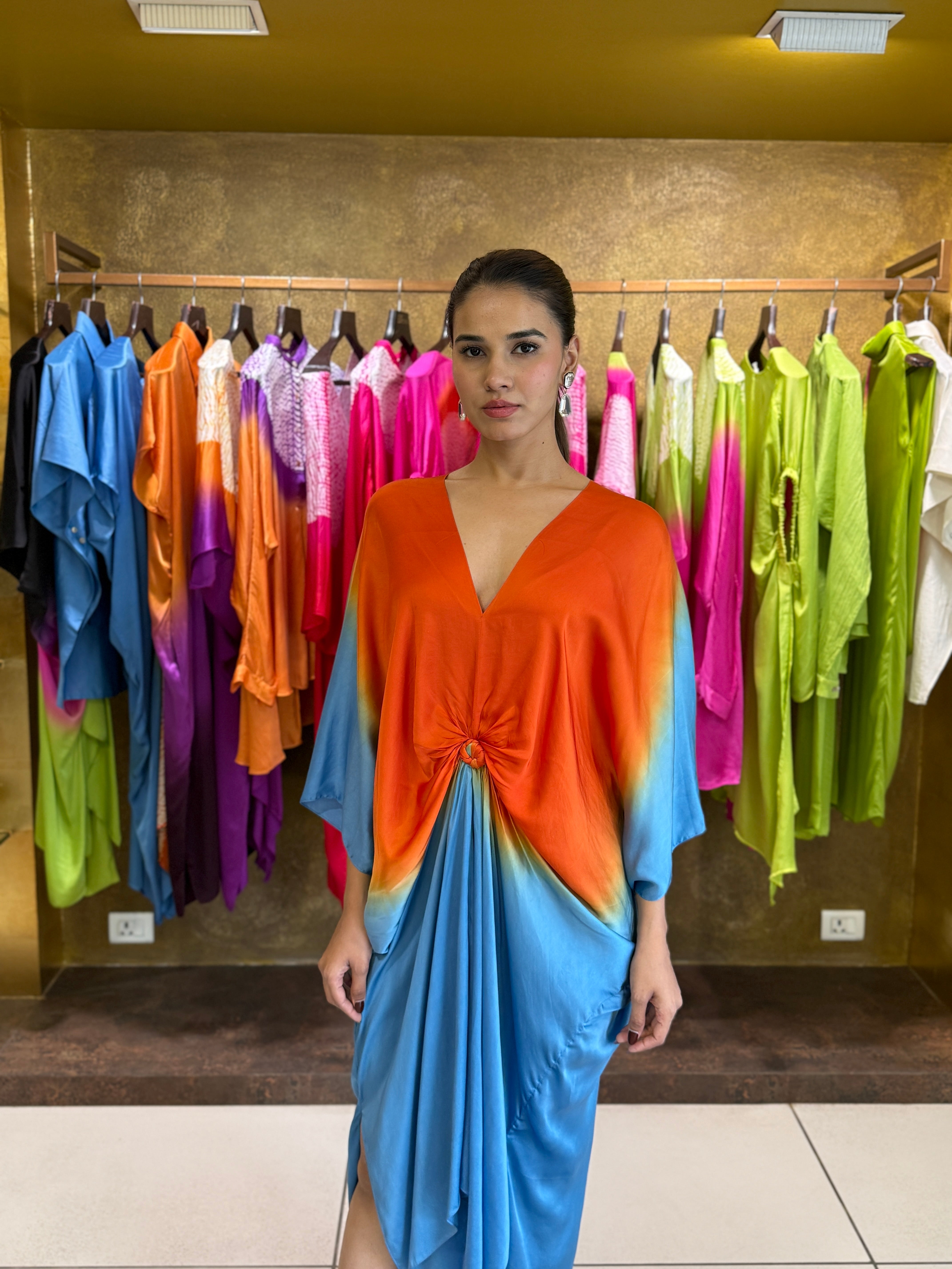 Tangerine Blue Dip-Dye Knot Kaftan