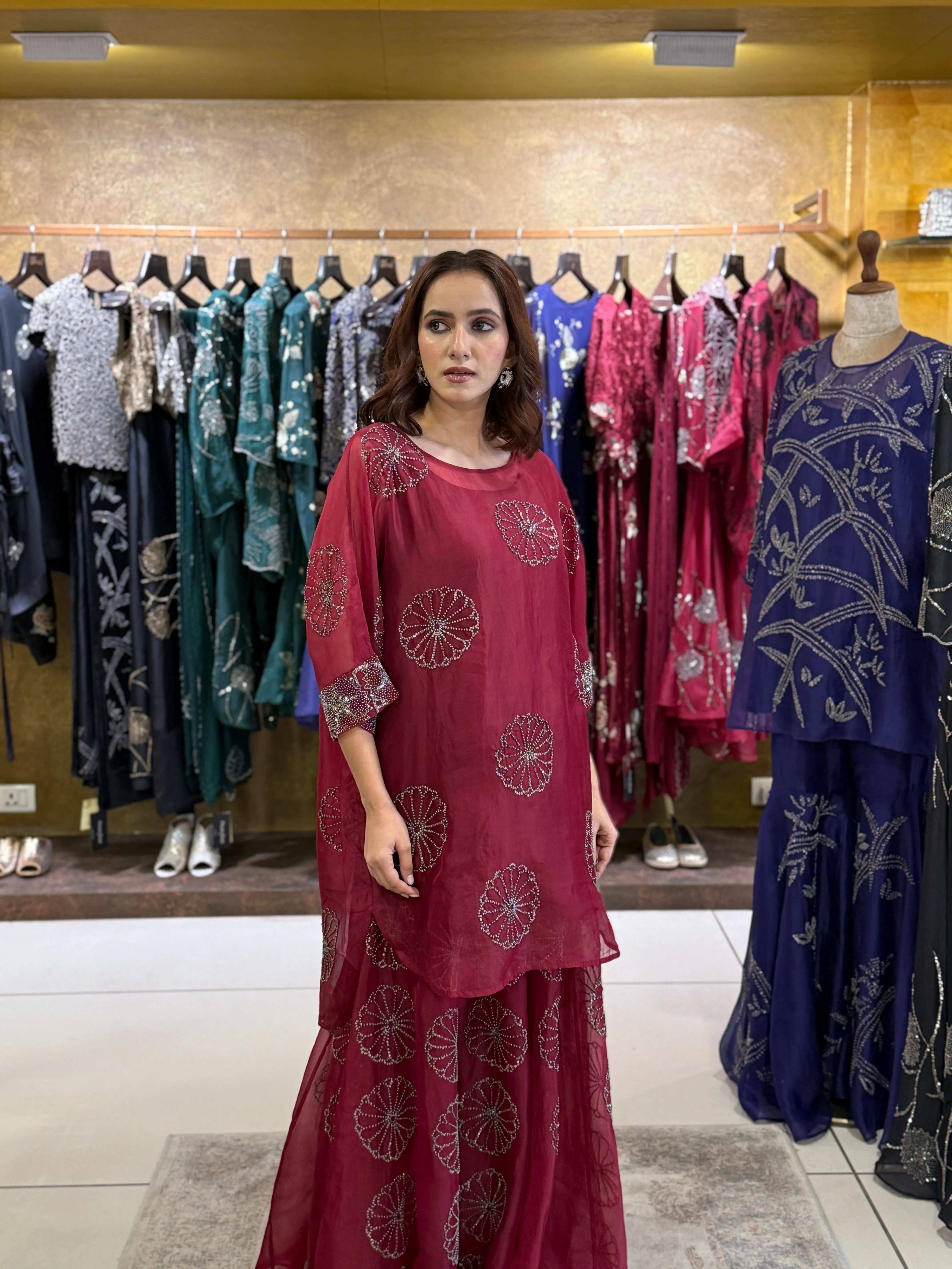 red SLV Silk Organza Sharara Set