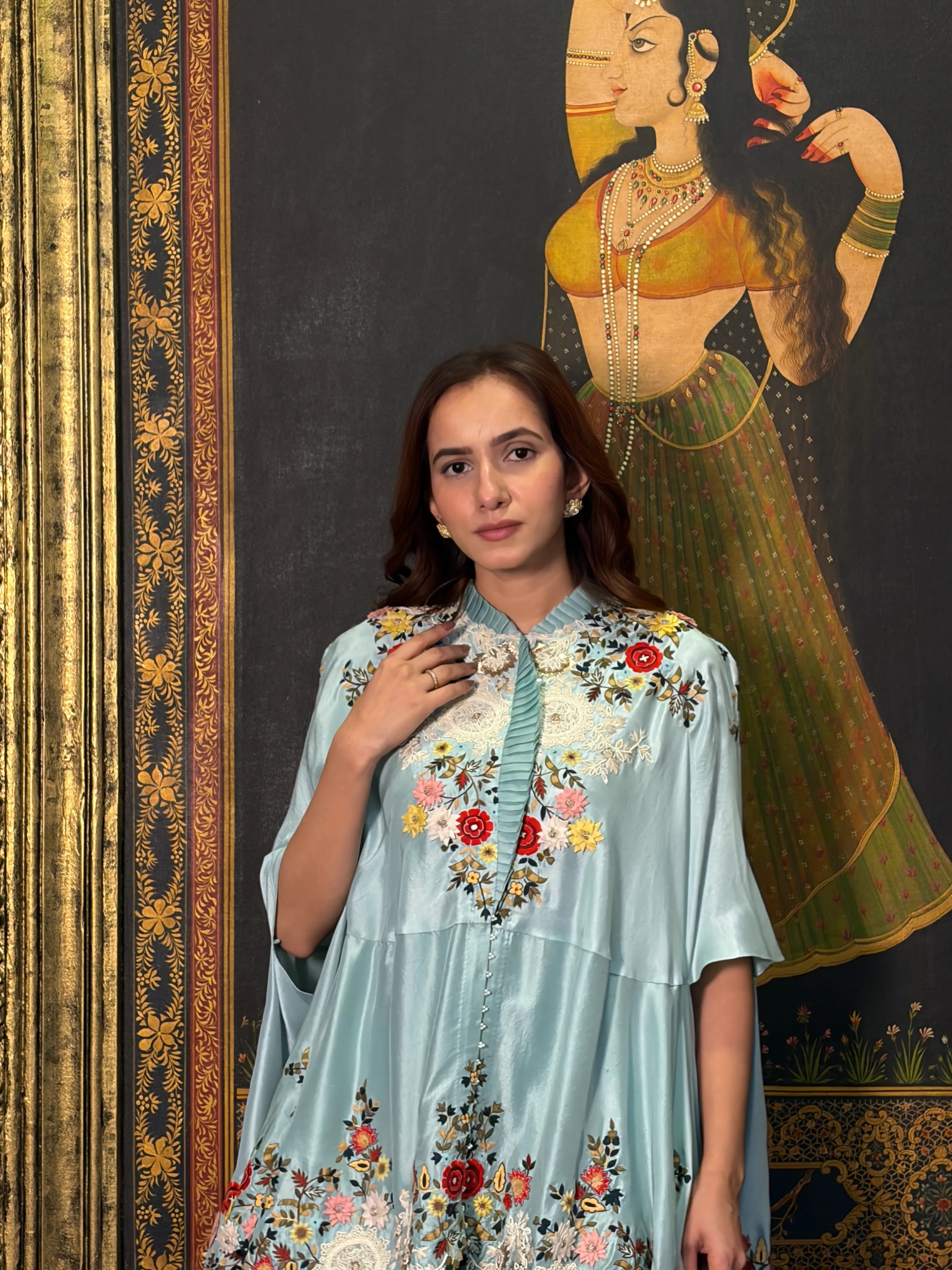 Powder Blue Dupion Embroidered Cape Set