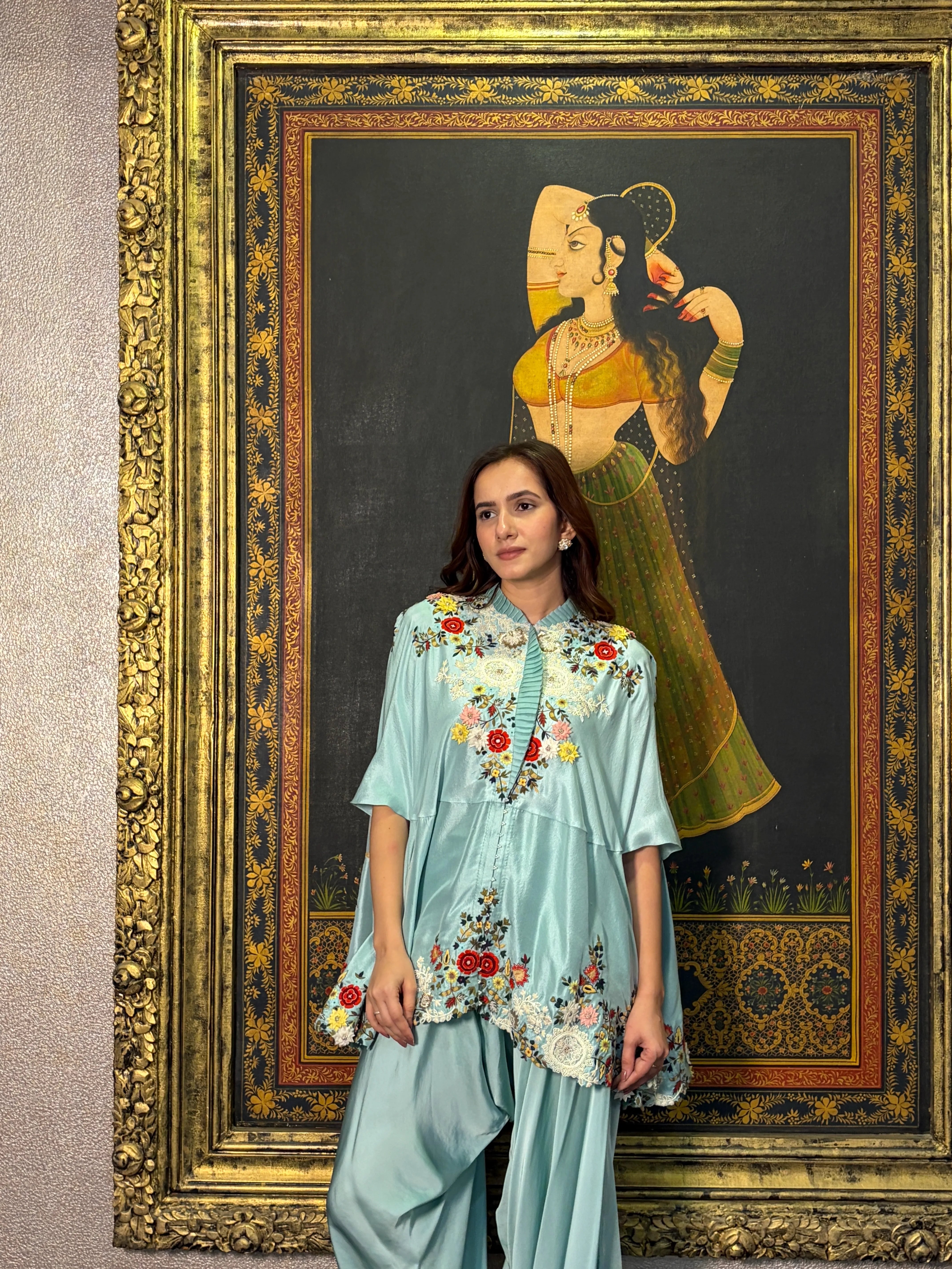 Powder Blue Dupion Embroidered Cape Set