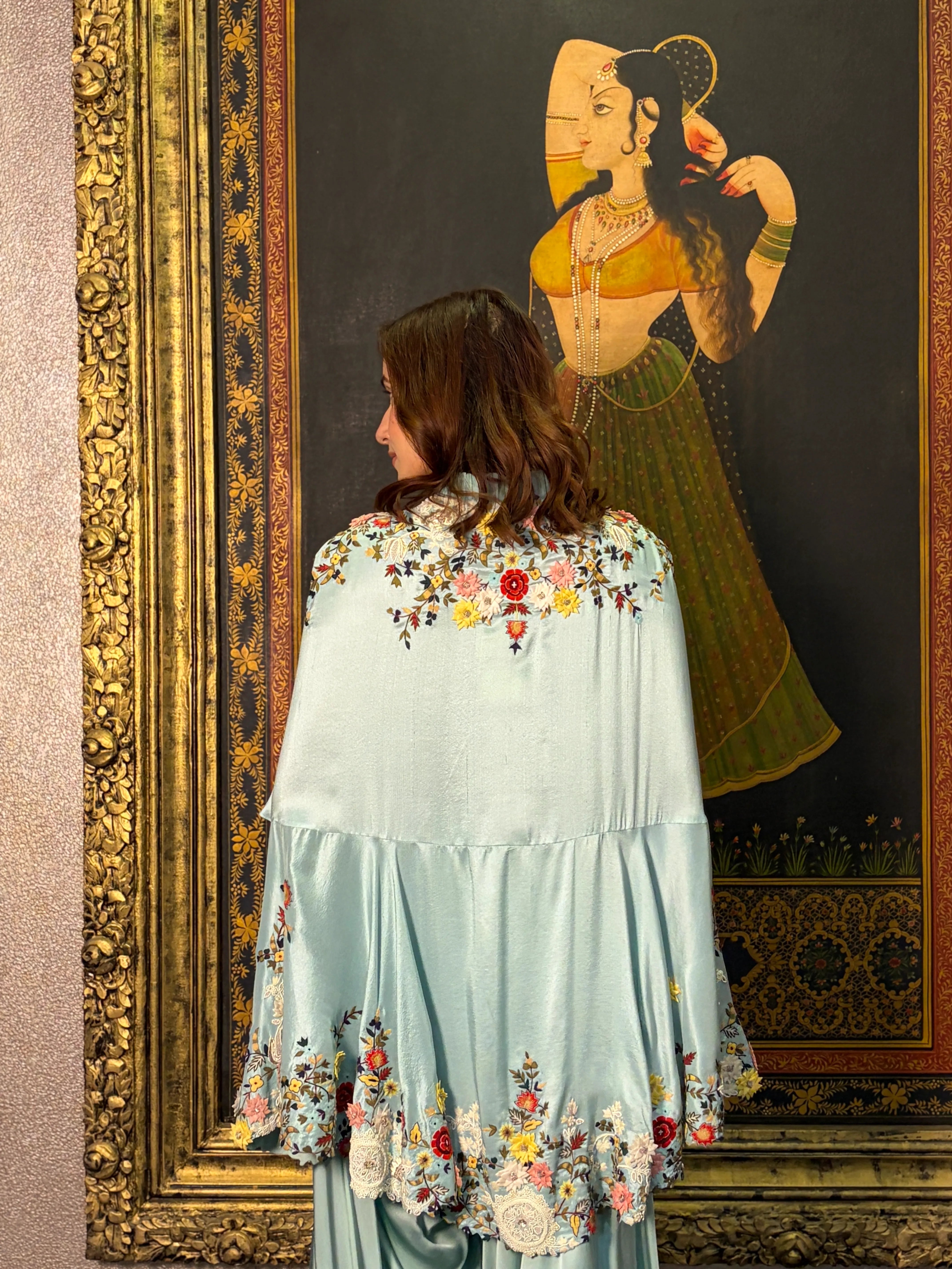 Powder Blue Dupion Embroidered Cape Set
