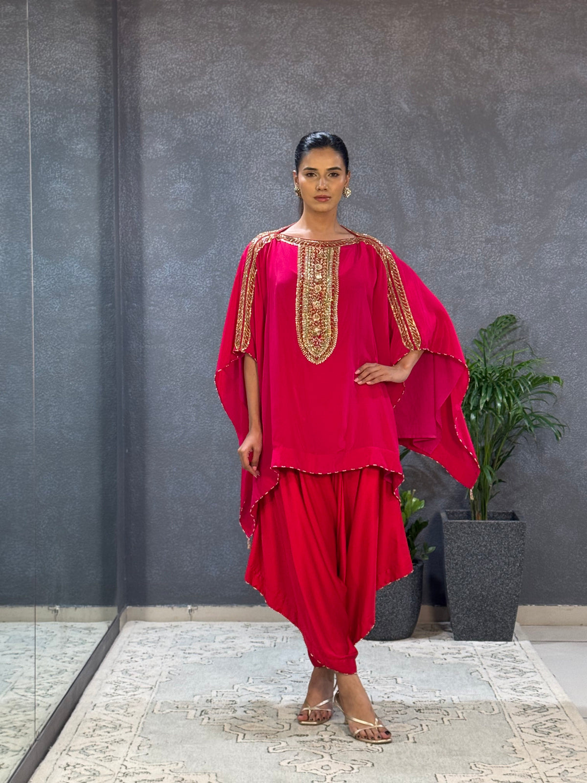 Pink red embroidered kaftan pant set