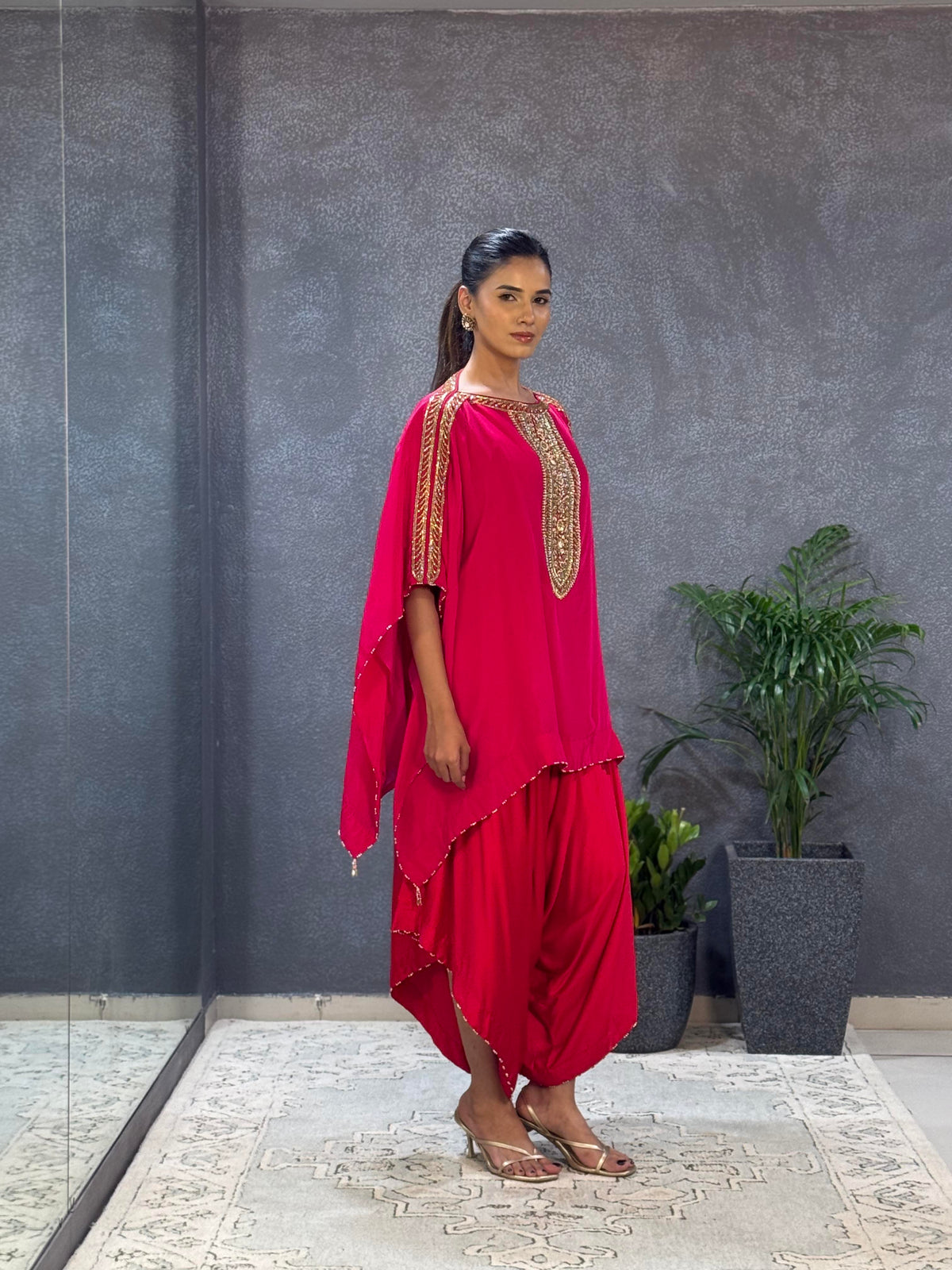 Pink red embroidered kaftan pant set