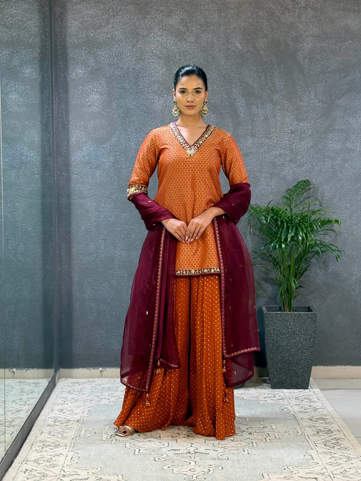 Rust orange zardozi embroidered kurta sharara set