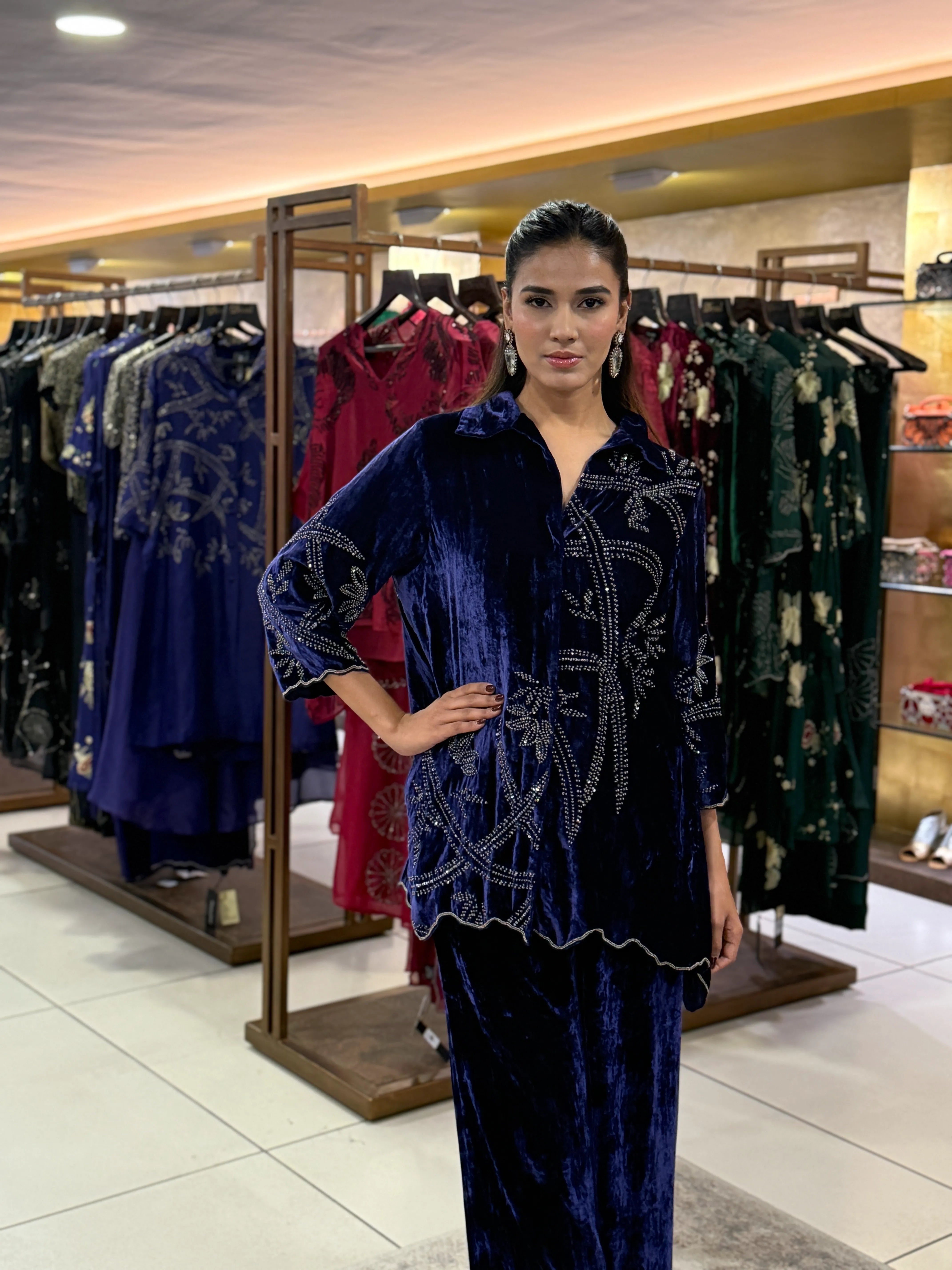 Blue Velvet Embroidered Button-Up Top