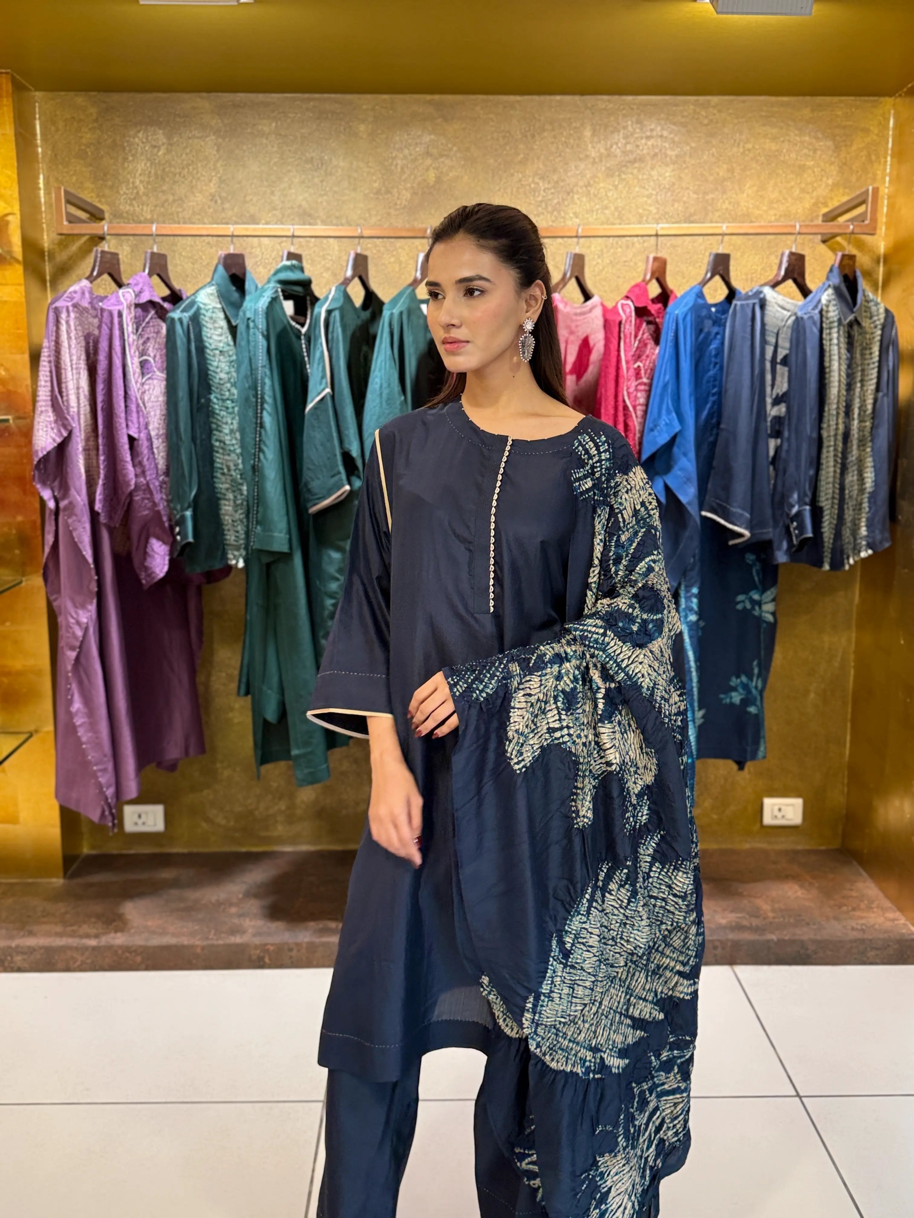 BLUE MULBERRY SILK SHIBORI PRINTED KURTA SET