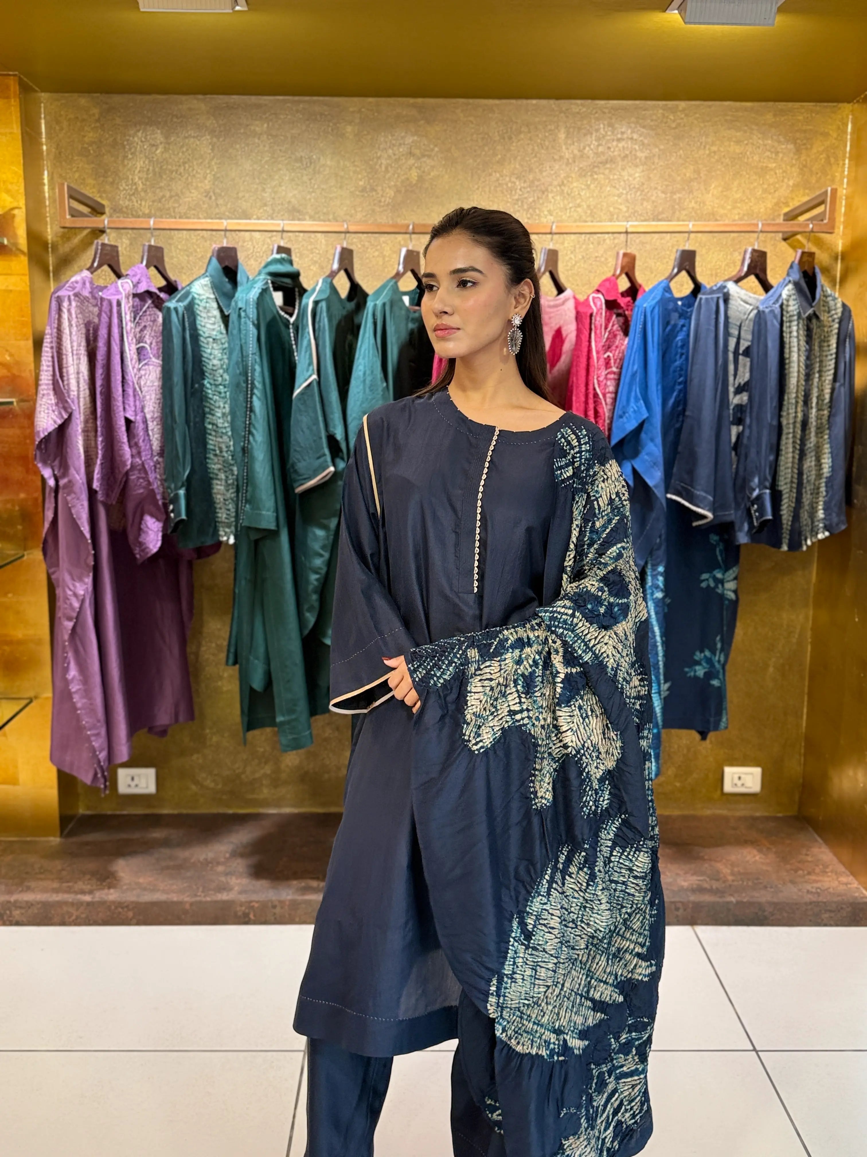 BLUE MULBERRY SILK SHIBORI PRINTED KURTA SET