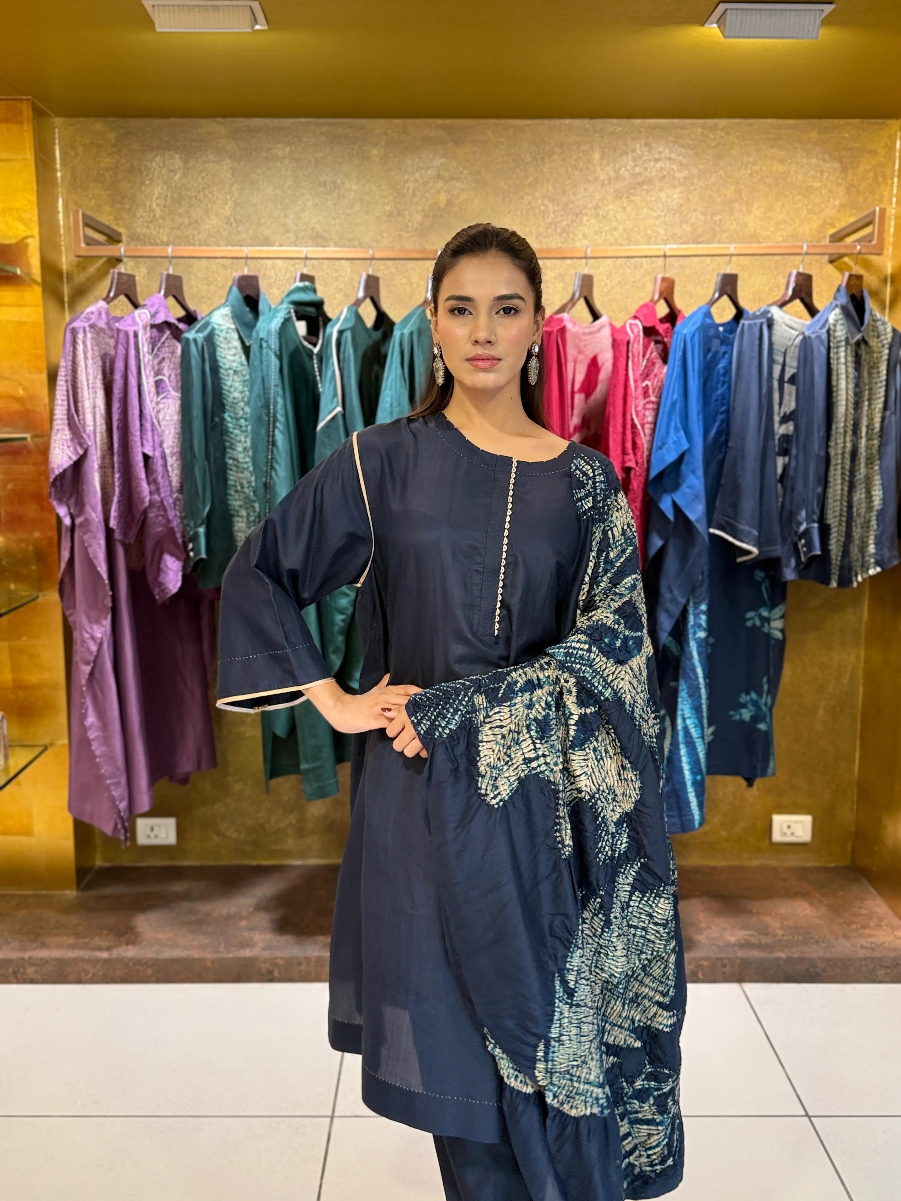 BLUE MULBERRY SILK SHIBORI PRINTED KURTA SET