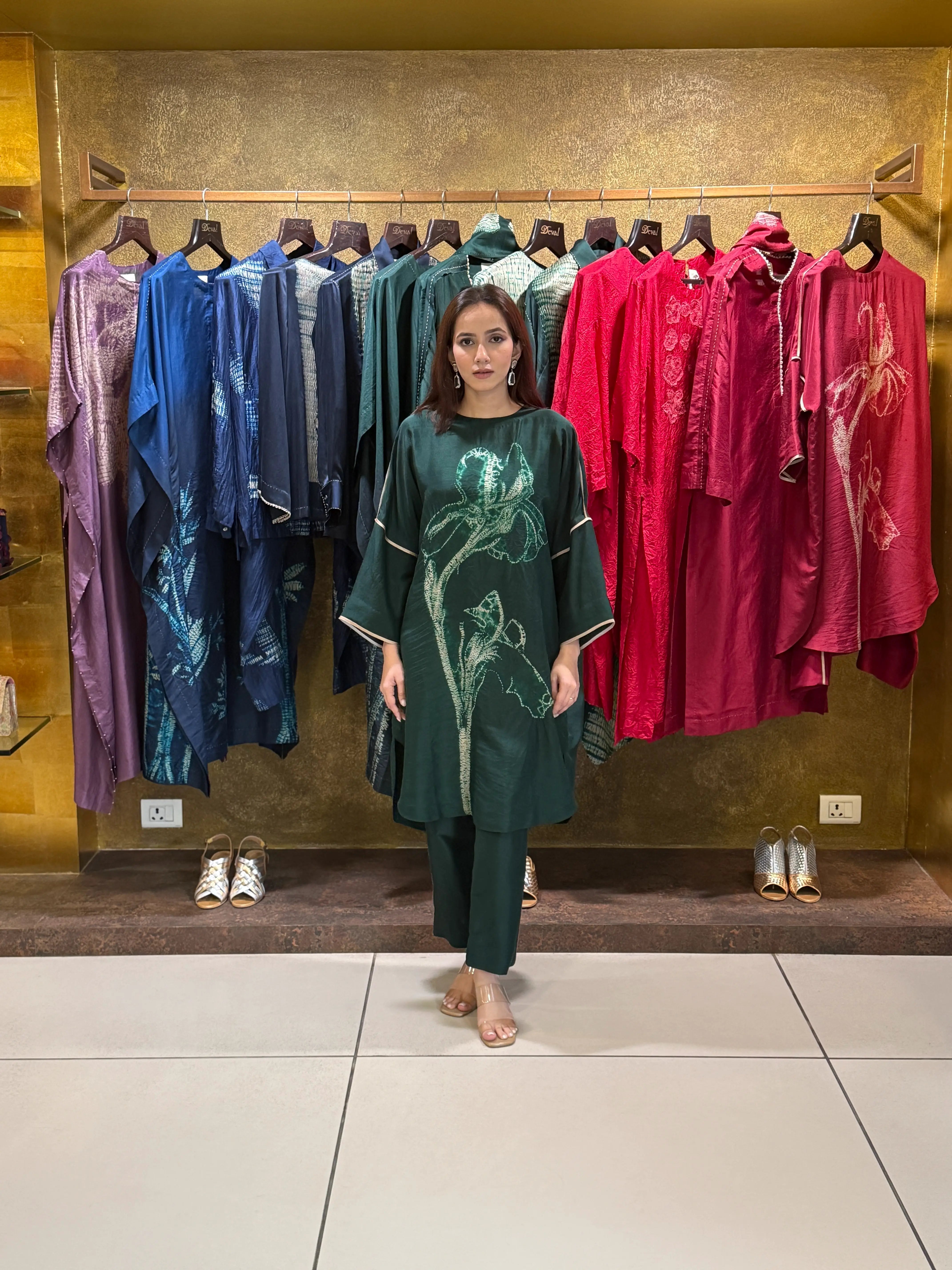 GREEN Silk Satin Shibori Printed Tunic Set