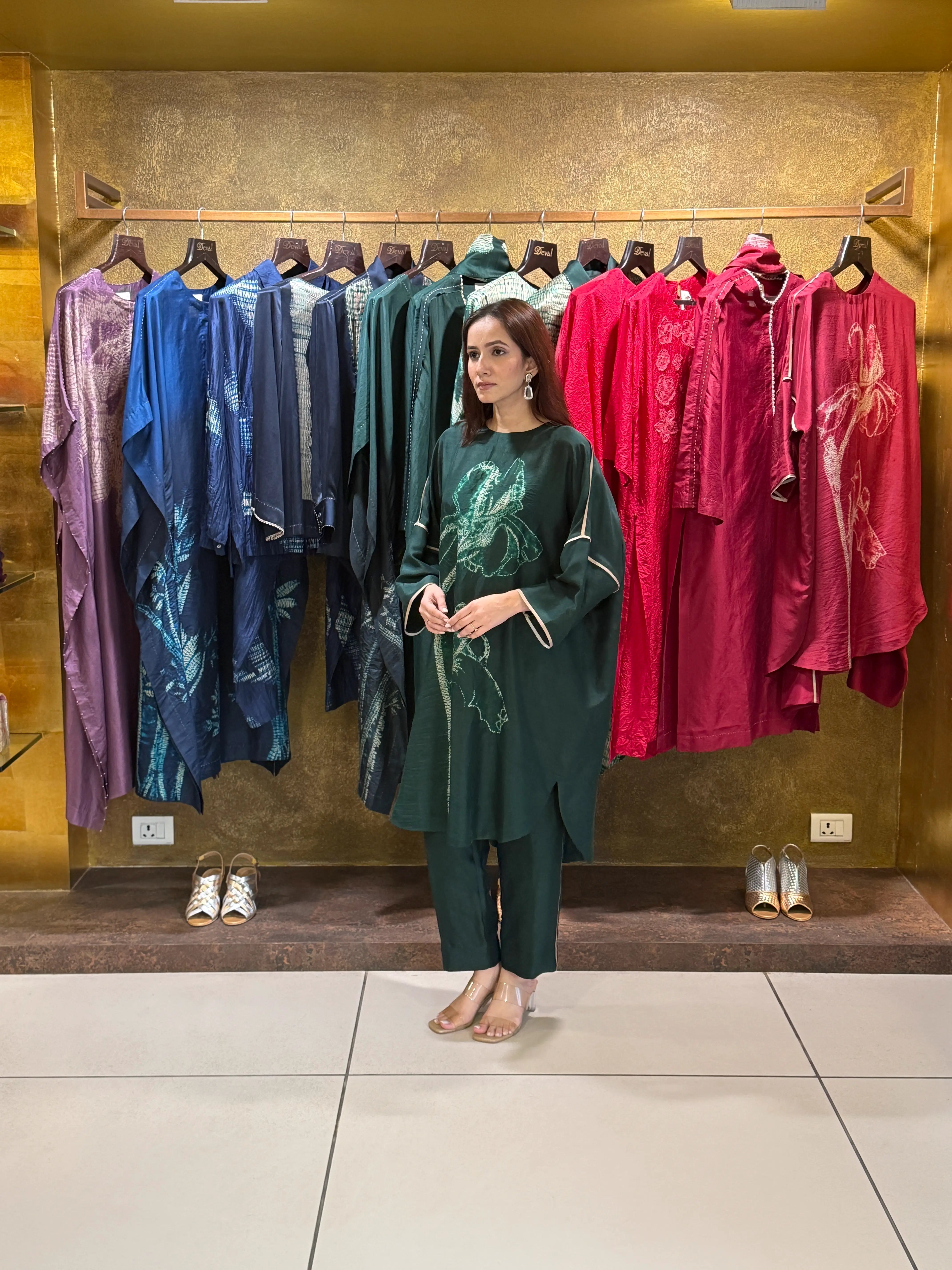 GREEN Silk Satin Shibori Printed Tunic Set