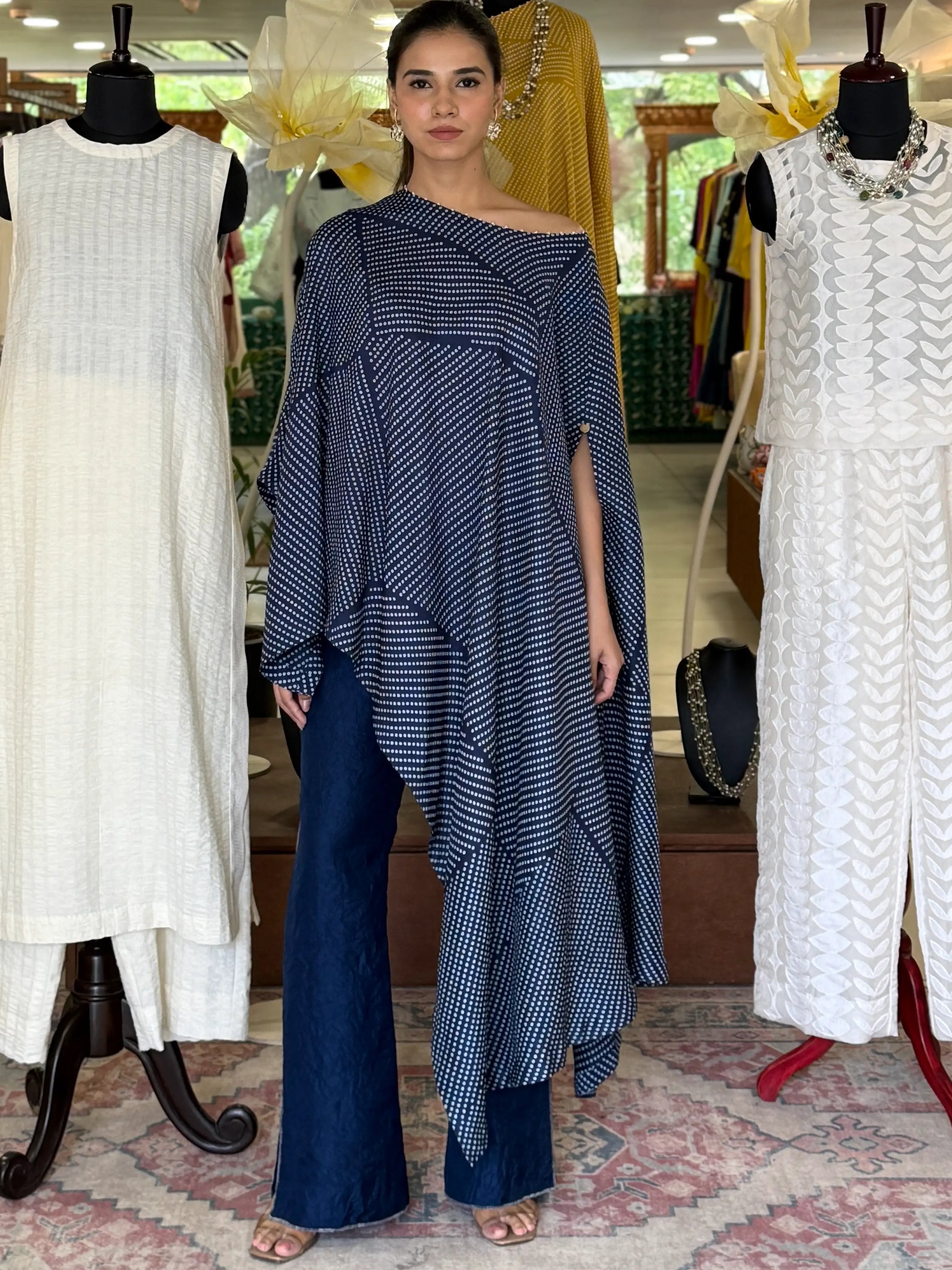 BLUE Crepe Round Neck Coal Poncho And Pant Set