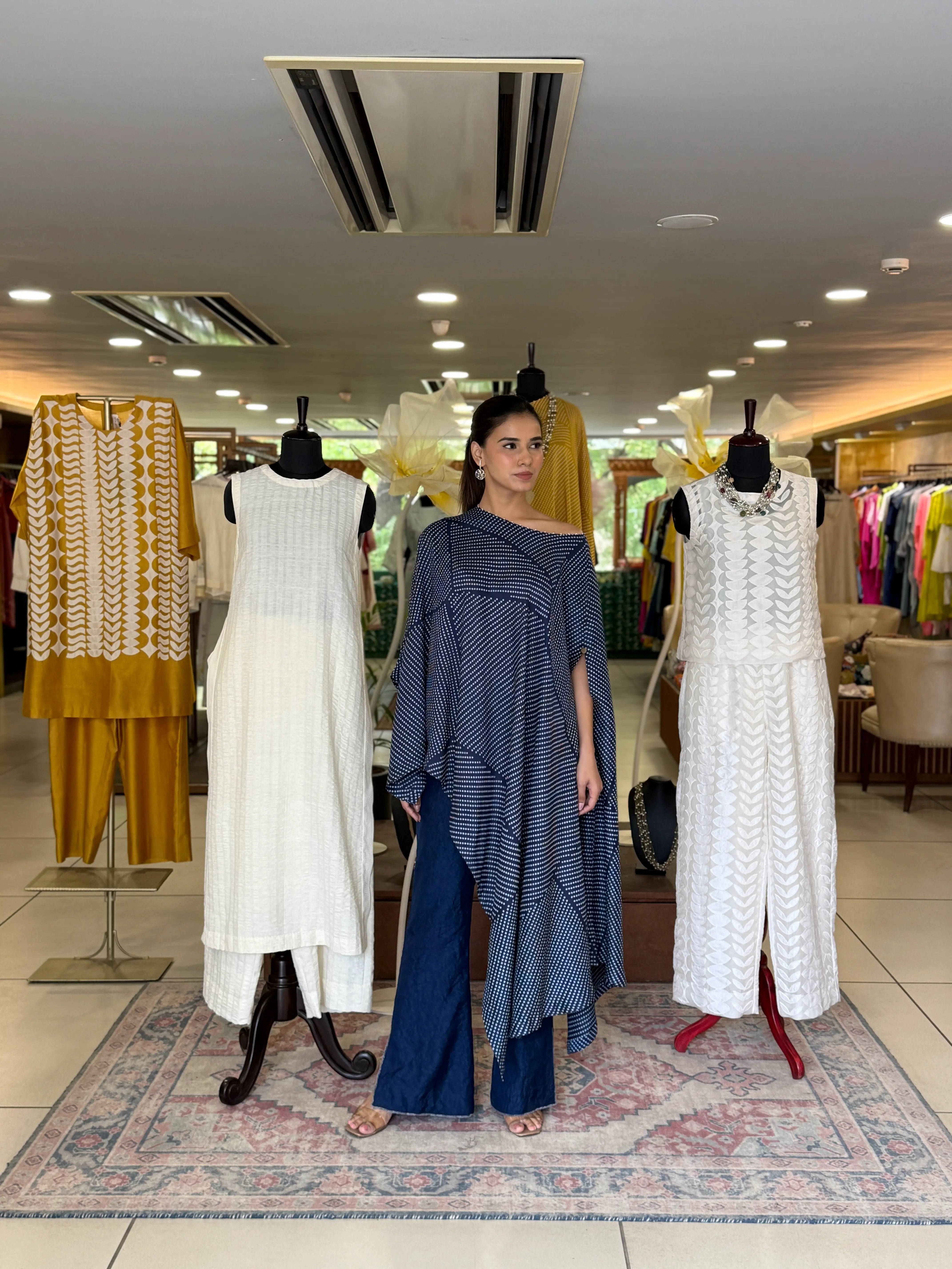 BLUE Crepe Round Neck Coal Poncho And Pant Set