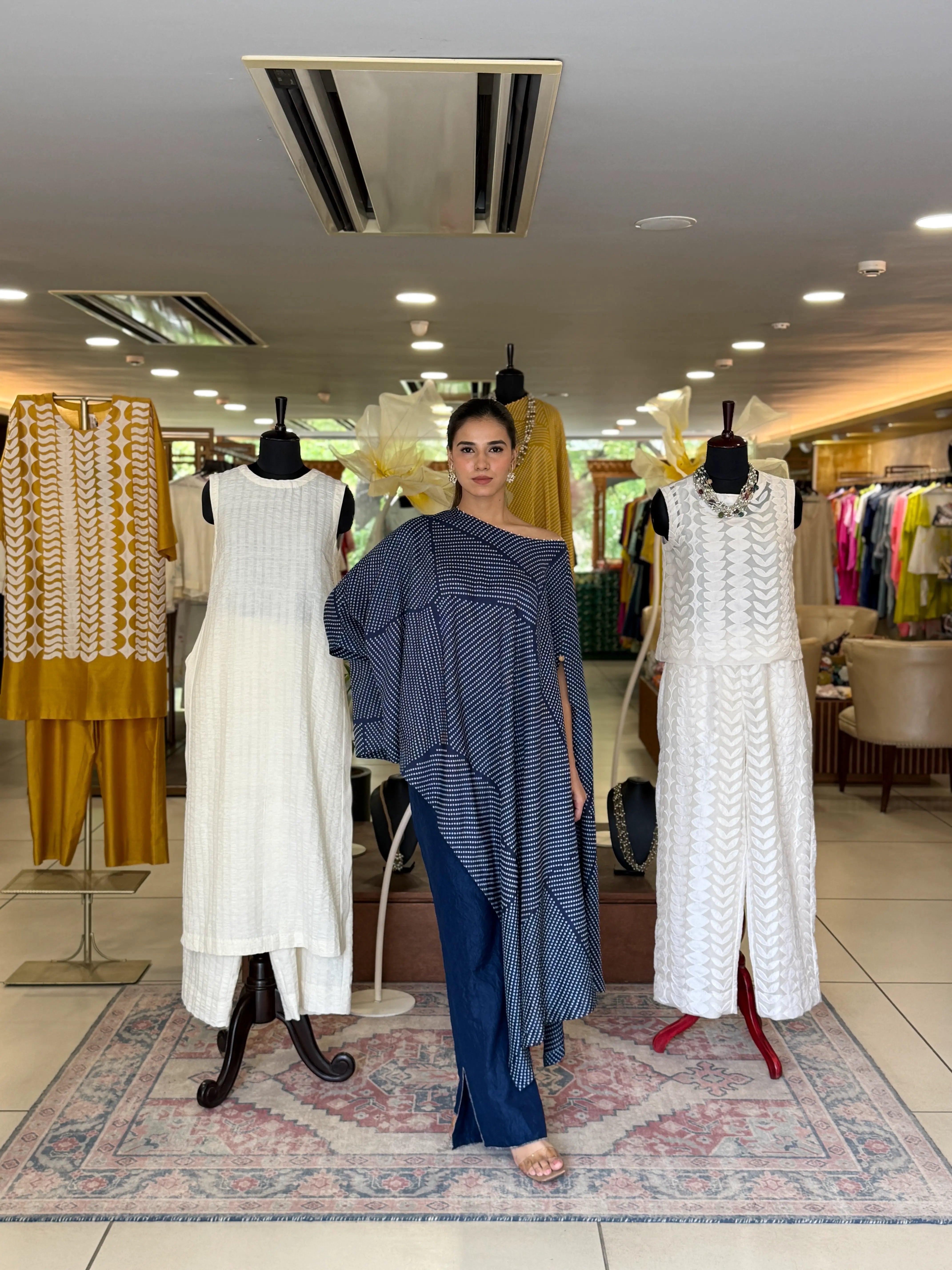 BLUE Crepe Round Neck Coal Poncho And Pant Set