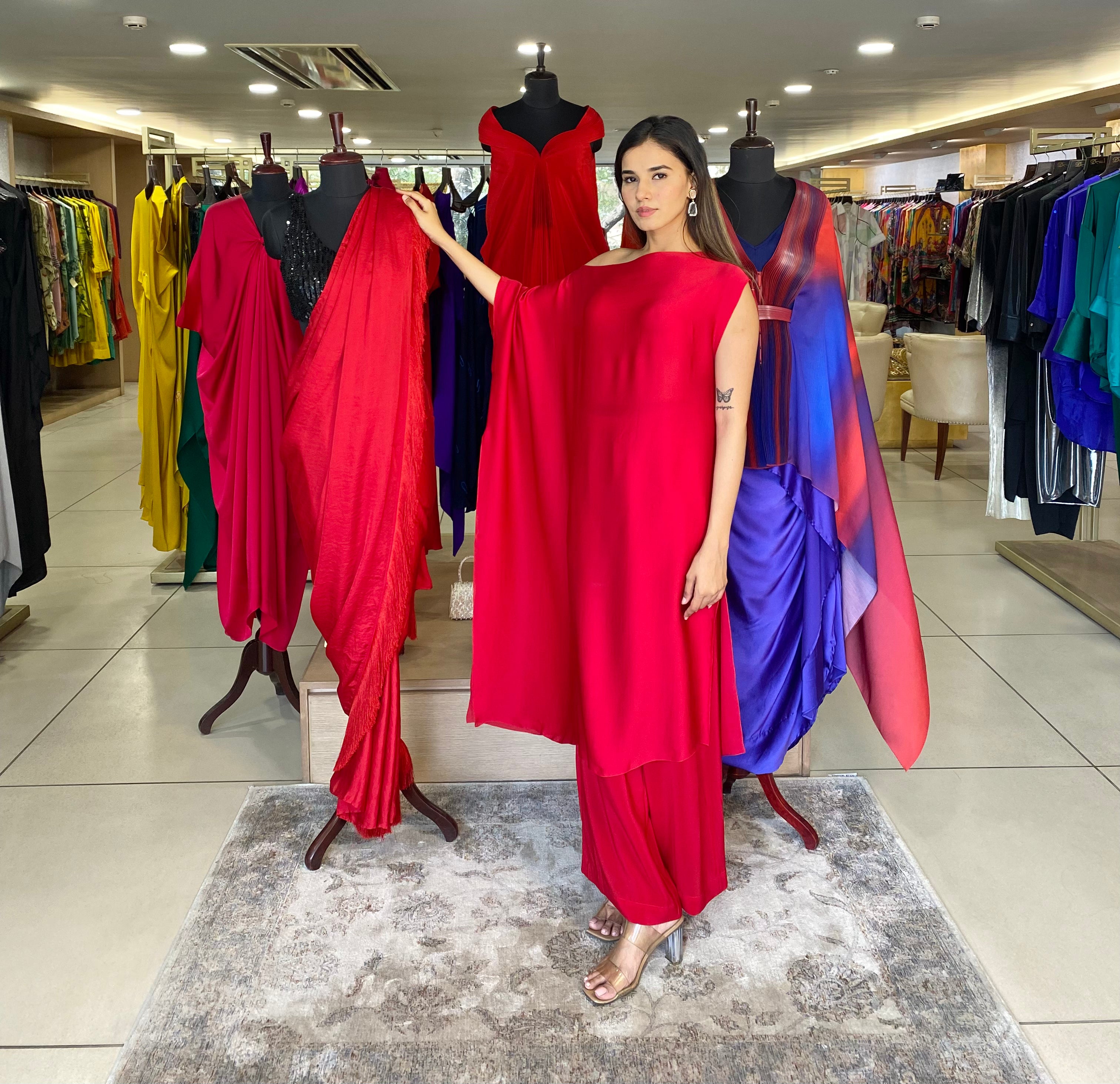 Red Off Shoulder Tunics And Pants
