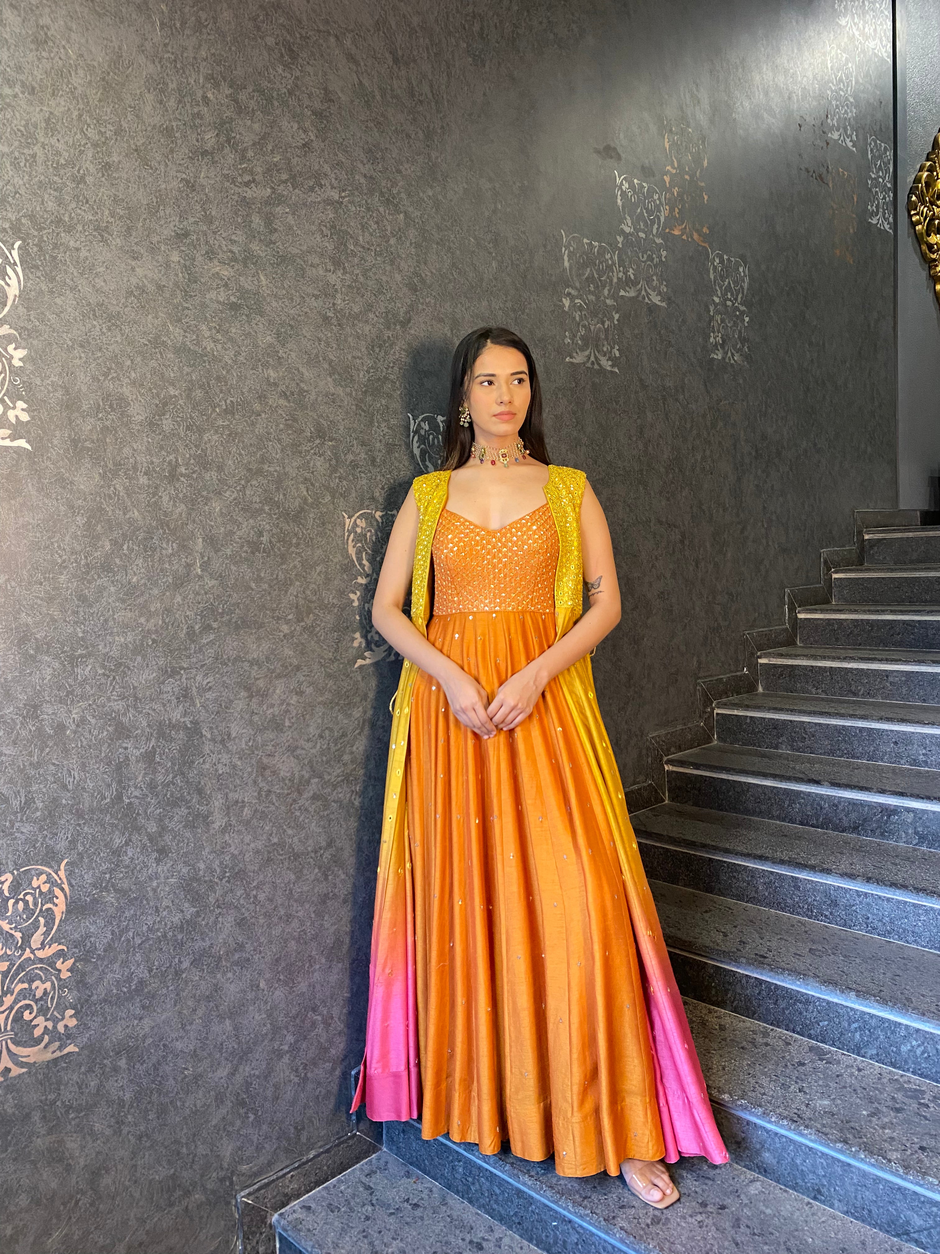 Orange Anarkali With Jacket