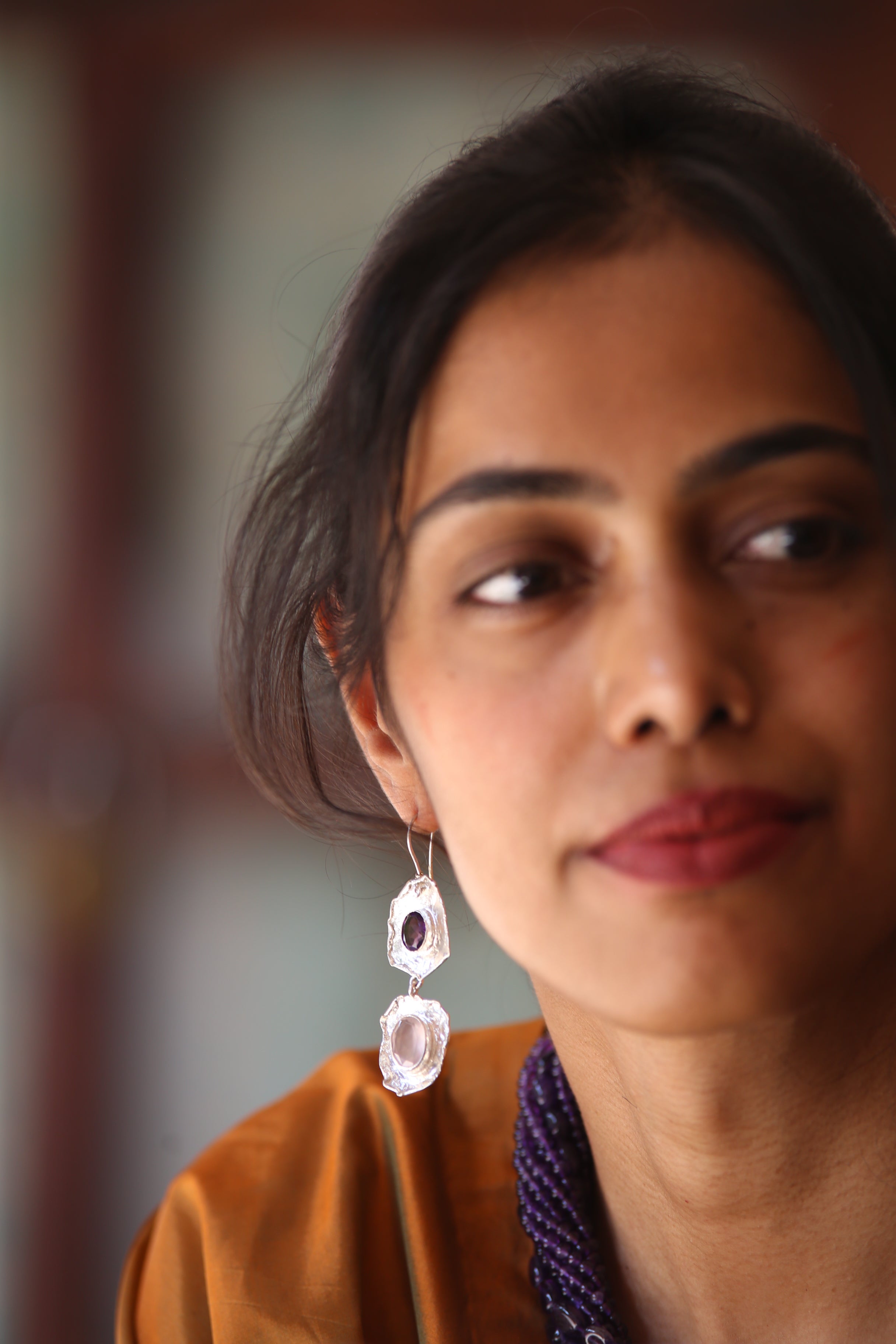 Twilight Bloom – Dual-Stone Sculpted Silver Earrings