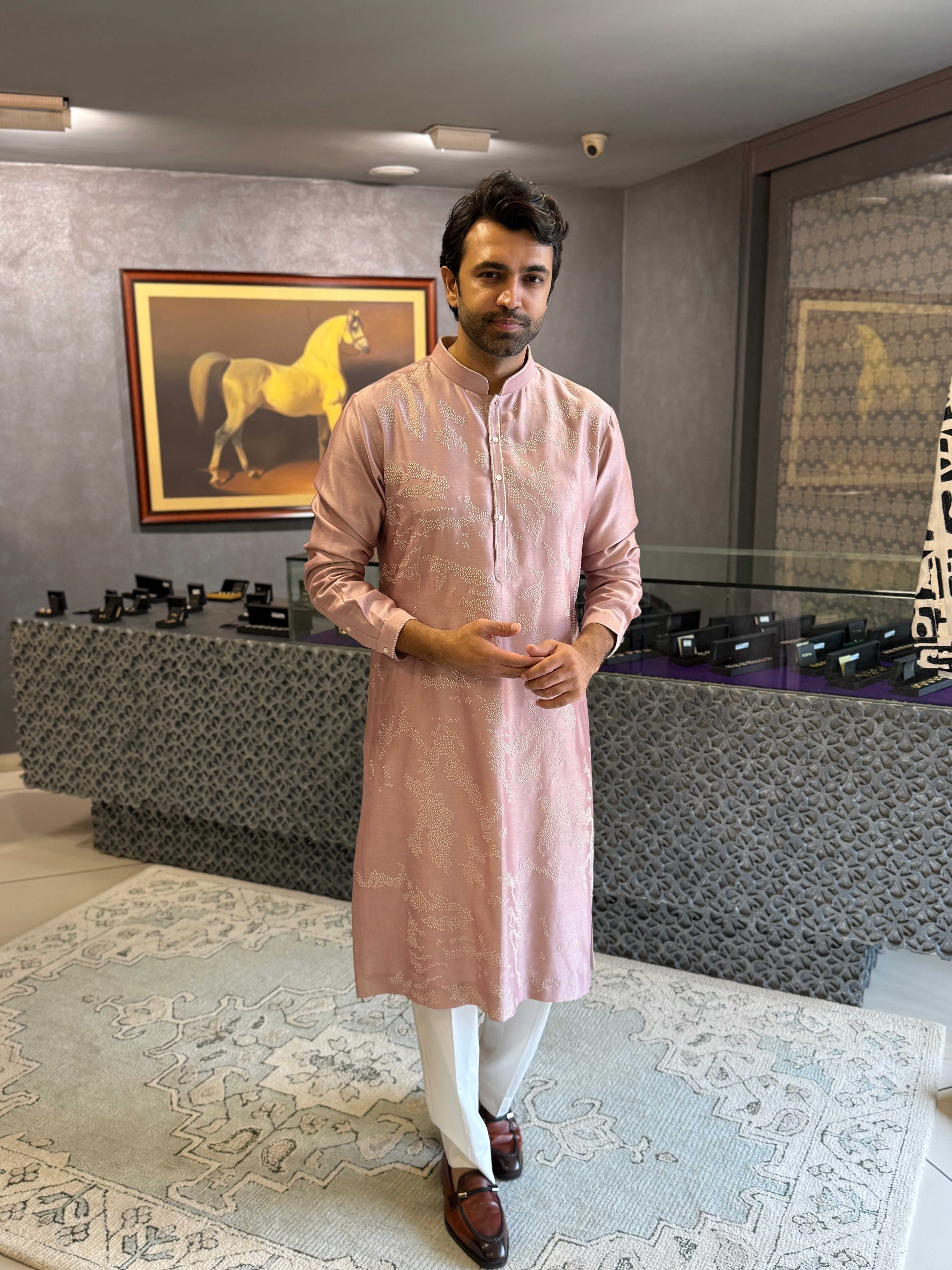 Shadow Camo Hand Embroidered Powder Pink Kurta Set