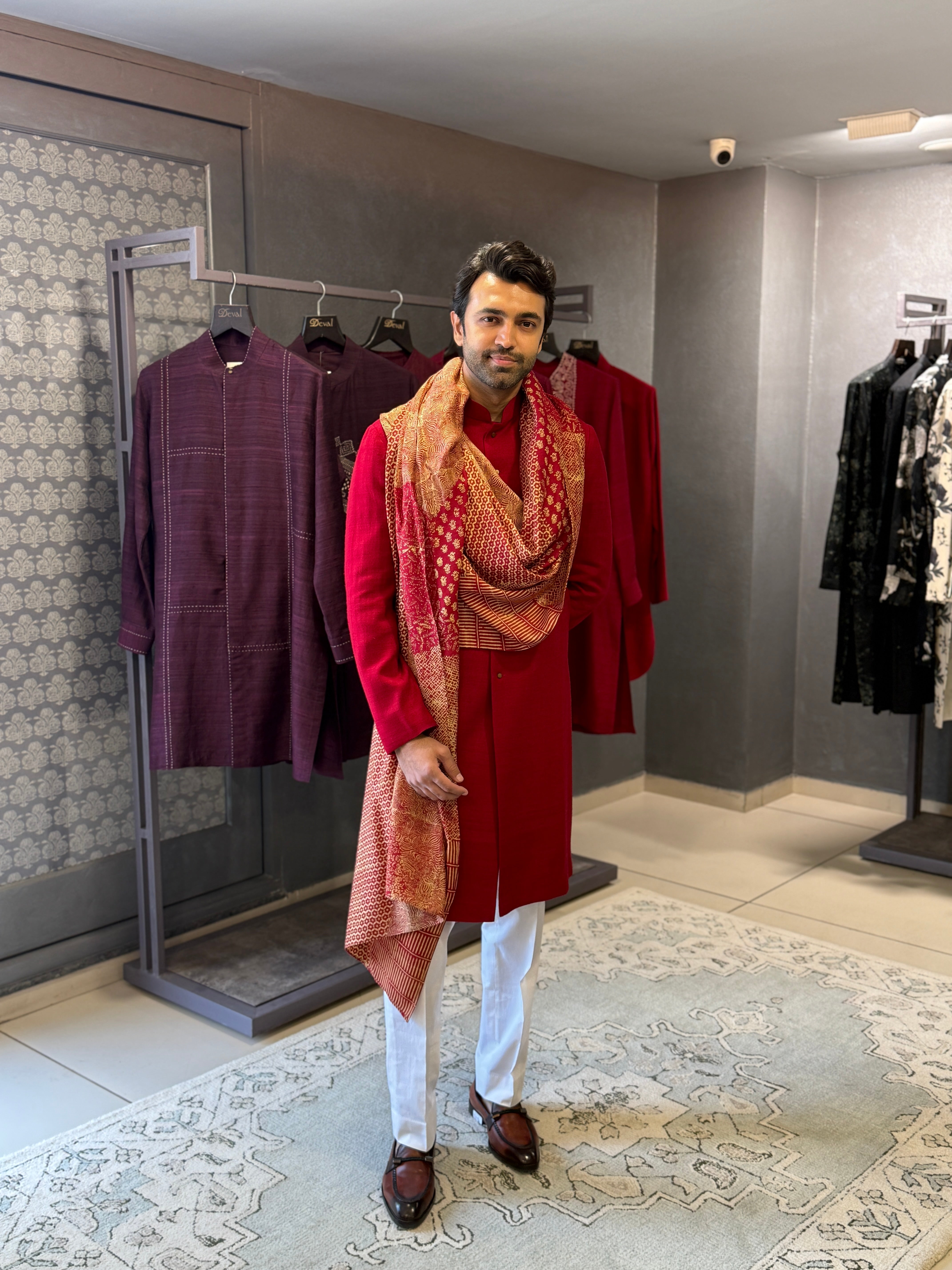 Red Pre Draped Bandhni Kurta Set