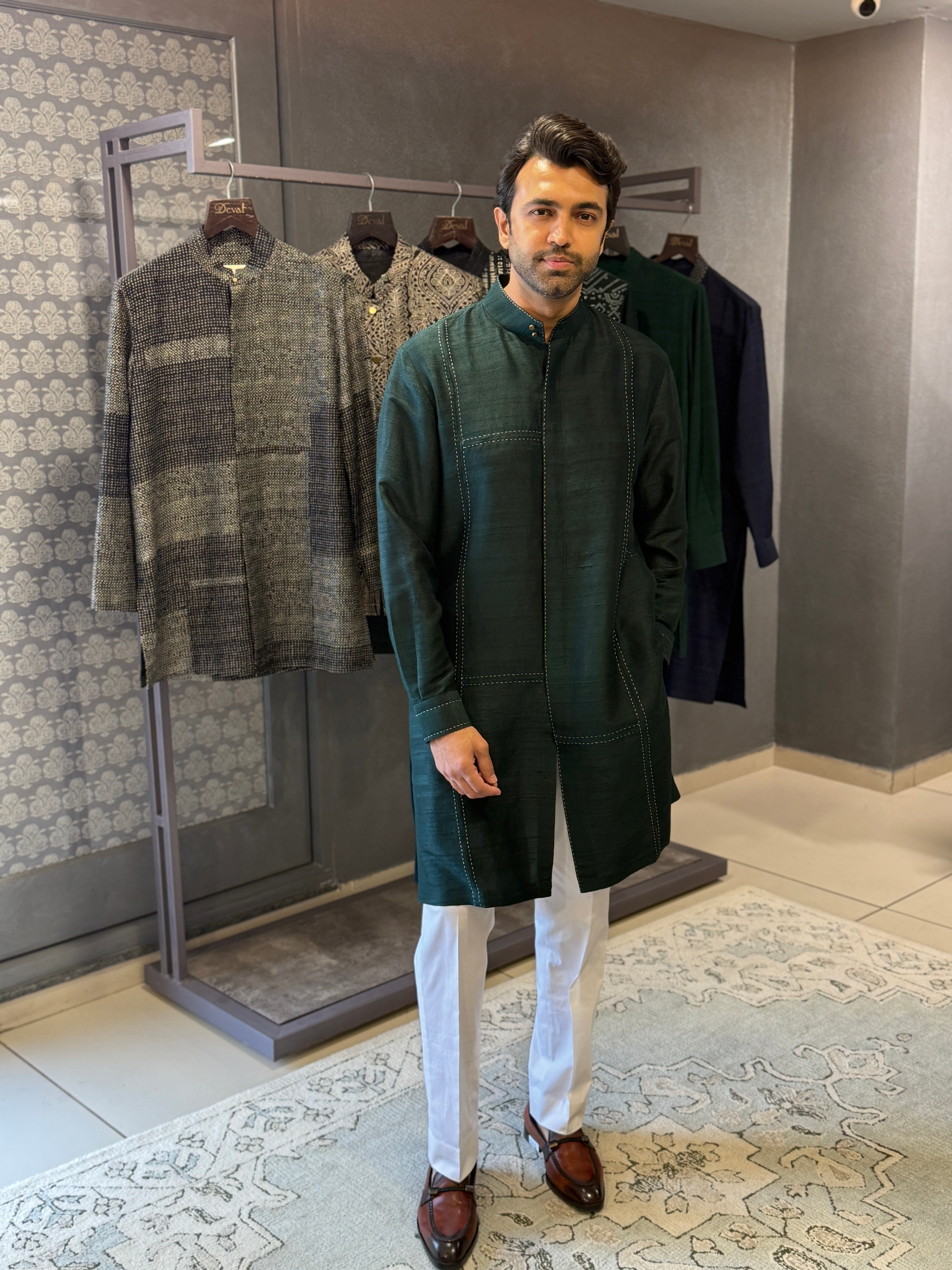Leaf Green Kurta Set With Stitching Detail