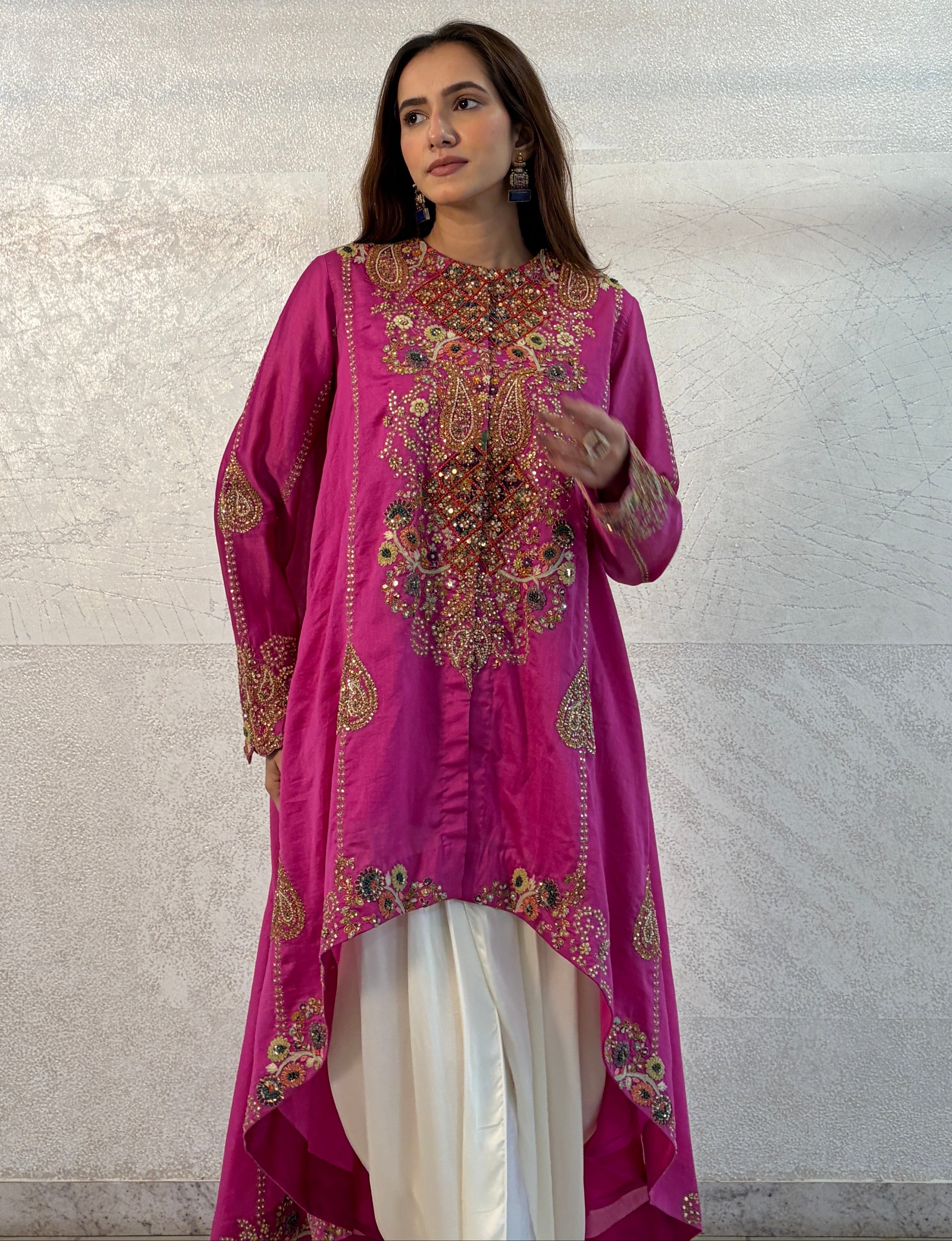 Fuchsia Chanderi Hand Embroidered Asymmetrical Kurta Set