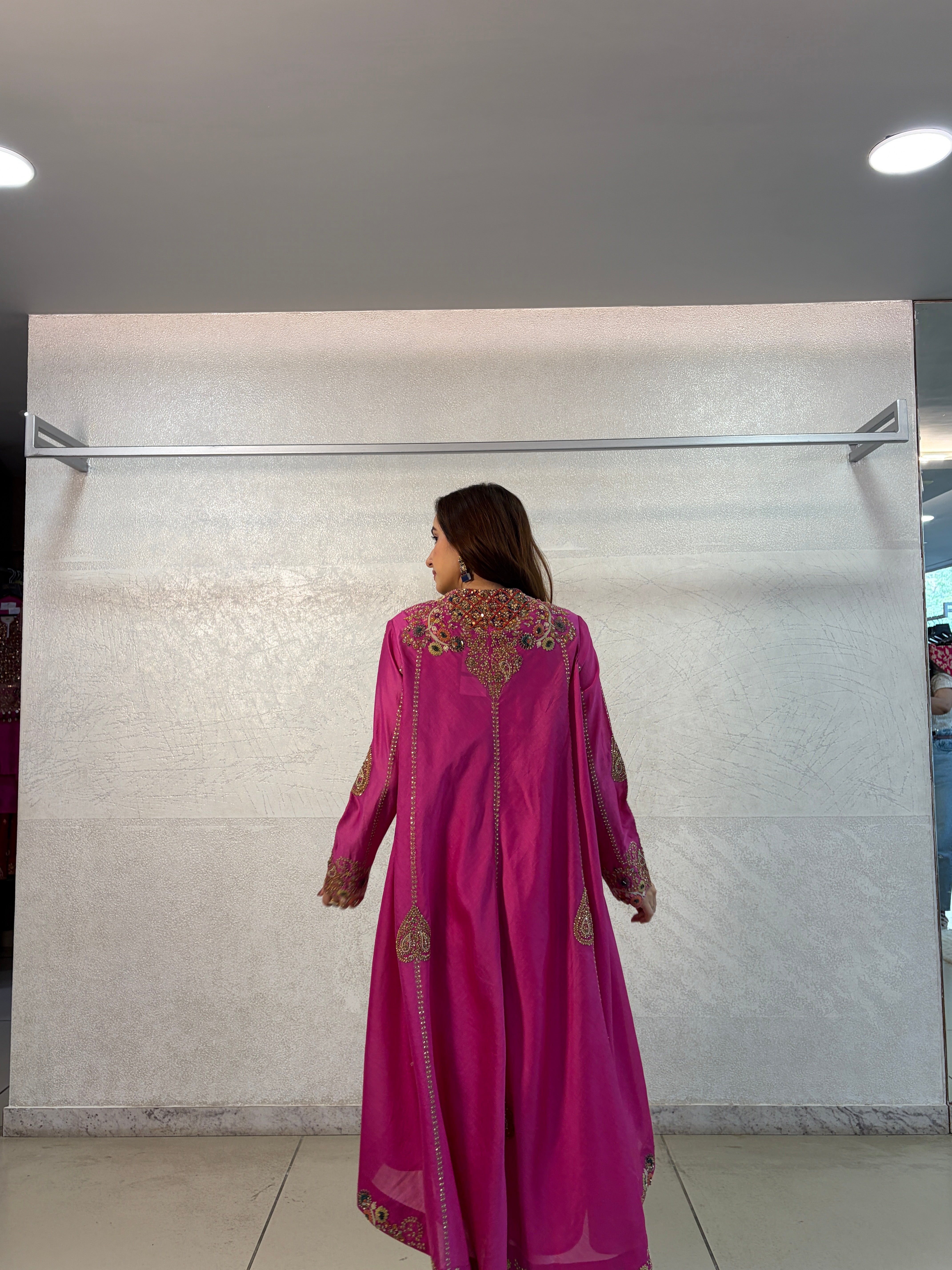 Fuchsia Chanderi Hand Embroidered Asymmetrical Kurta Set