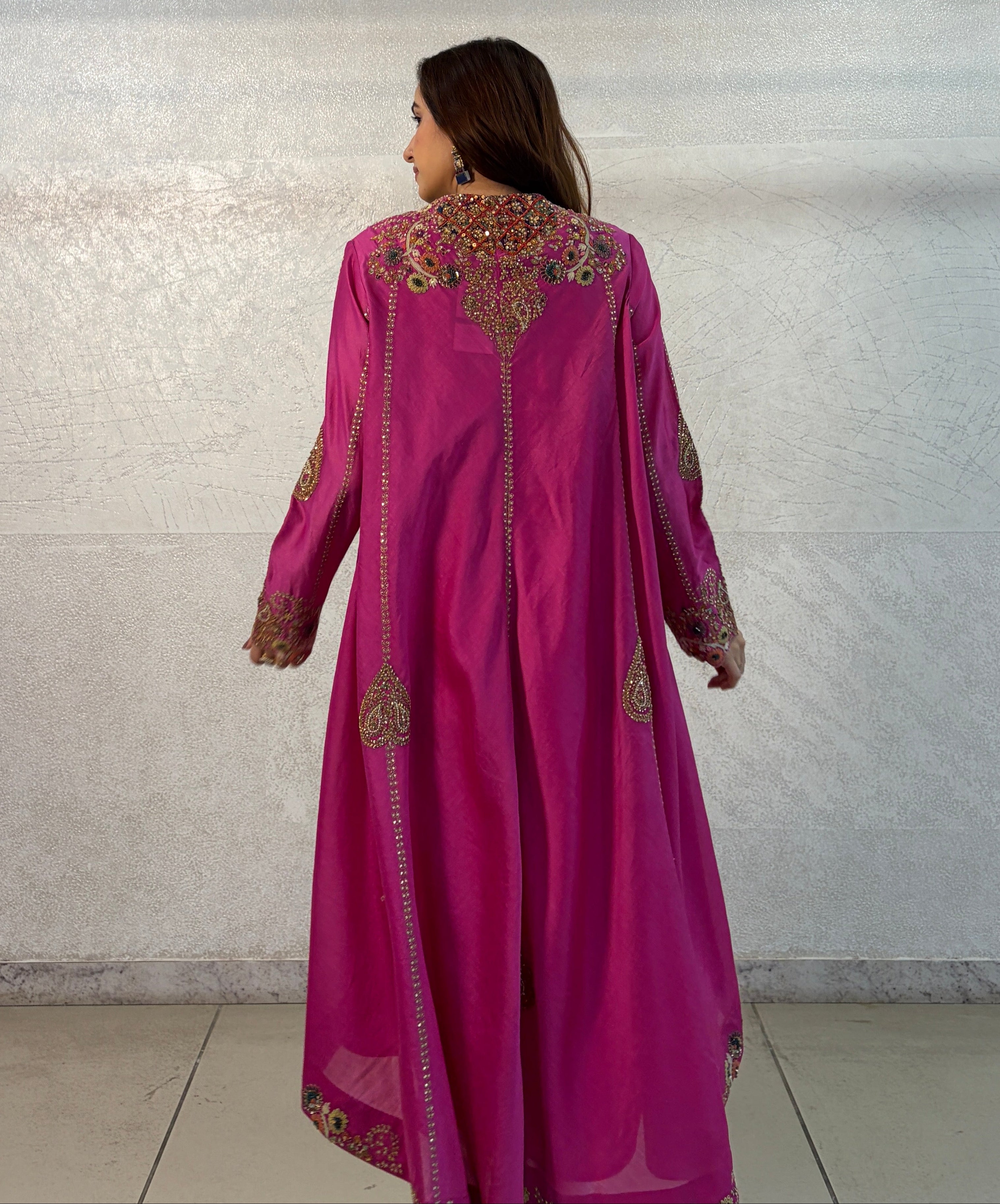 Fuchsia Chanderi Hand Embroidered Asymmetrical Kurta Set