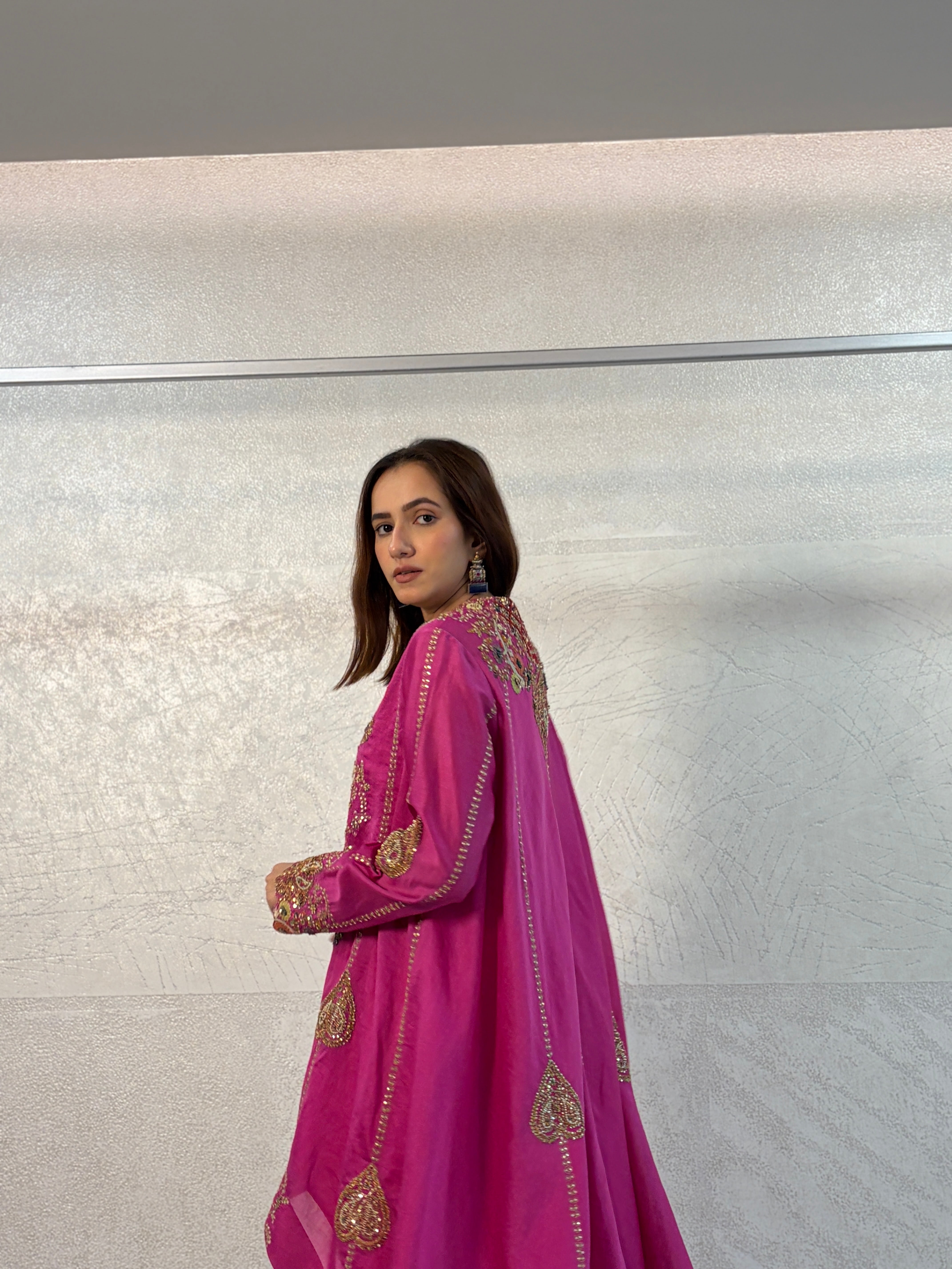 Fuchsia Chanderi Hand Embroidered Asymmetrical Kurta Set