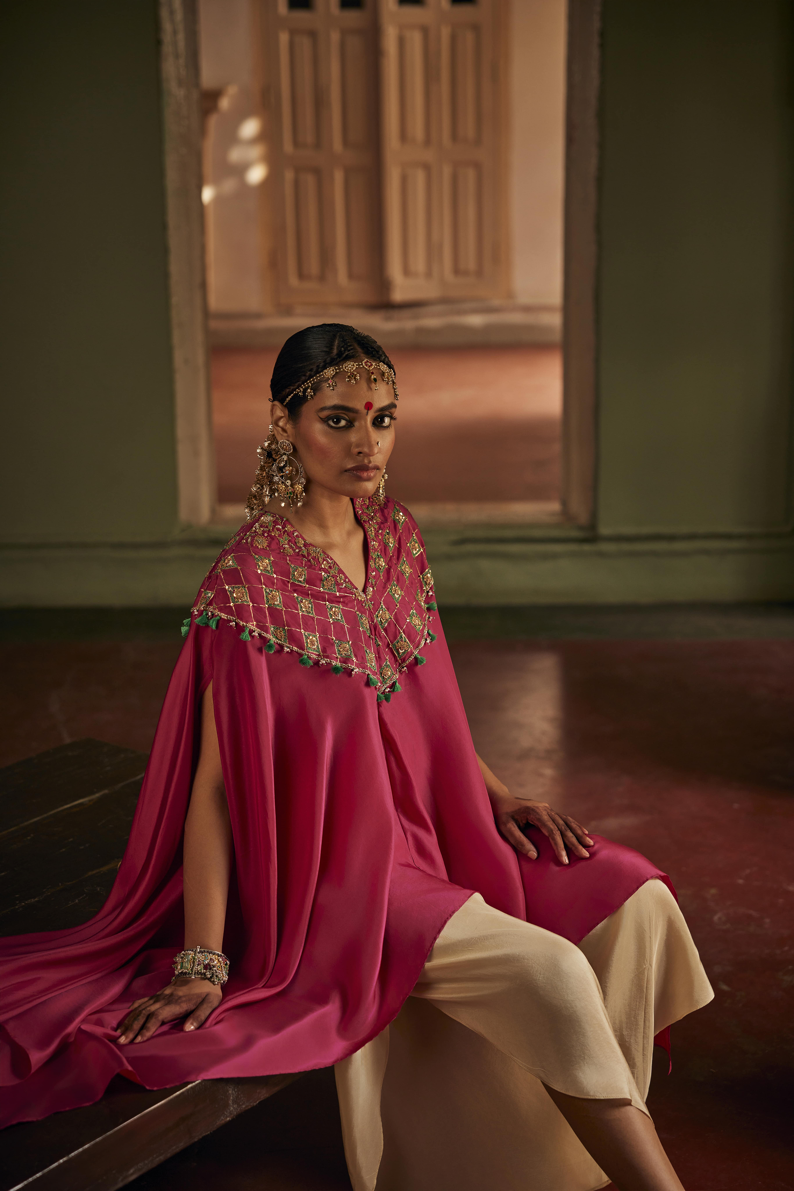 Luxurious Rani Silk Cape Dhoti Set, Embroidered Zardozi Floral Ivory Dhoti