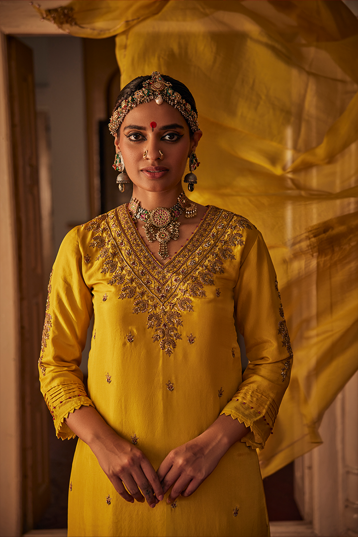 Luxurious Yellow Handwoven Silk Inika Kurta Pant Dupatta Set with Zardozi Embroidery