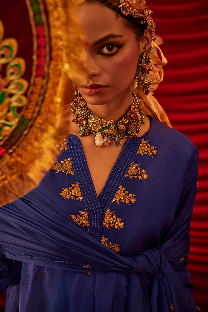 Elegant Blue Embroidered Silk Organza Kurta Pant Dupatta Set for Women