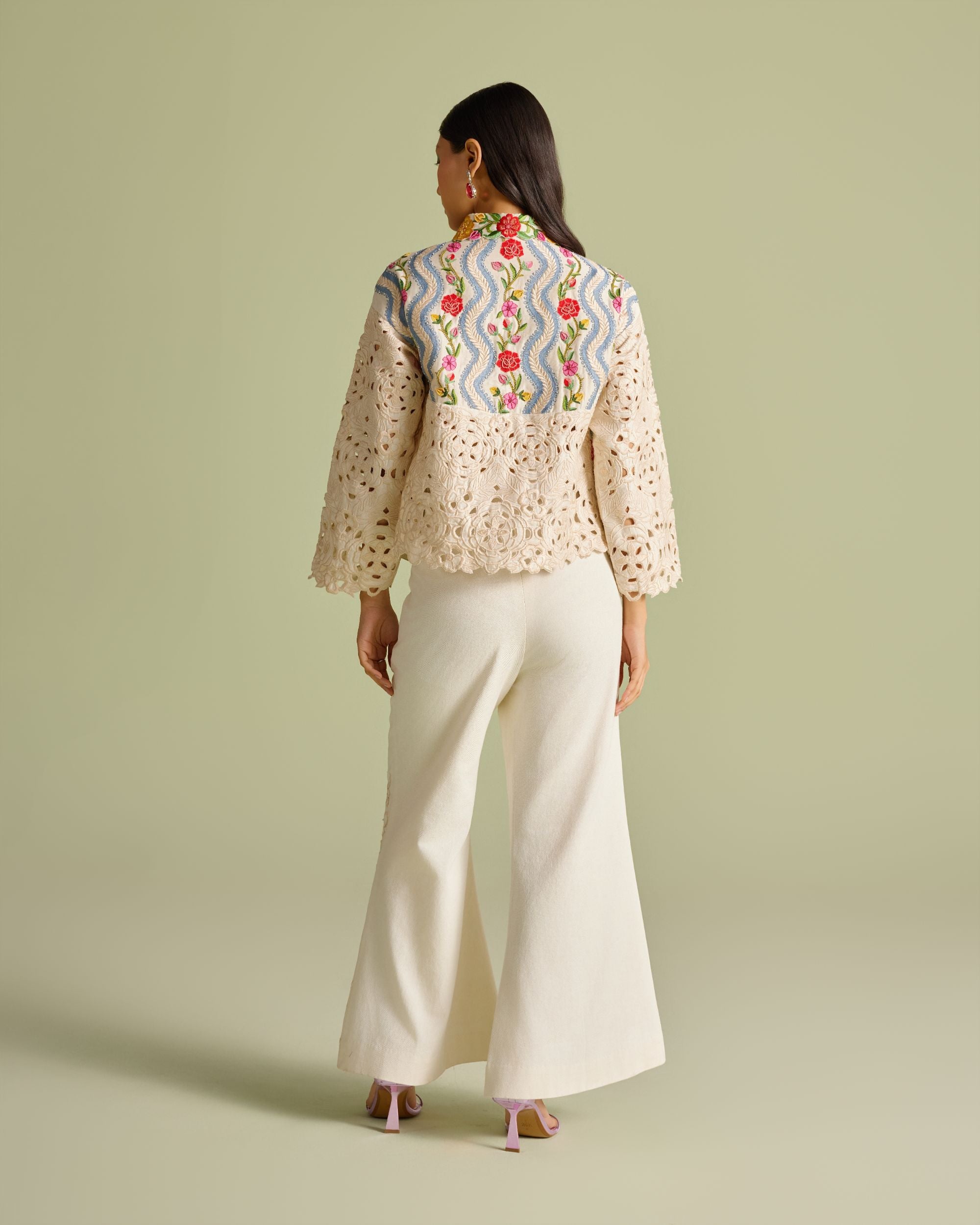 Ivory Striped Florals Short Jacket