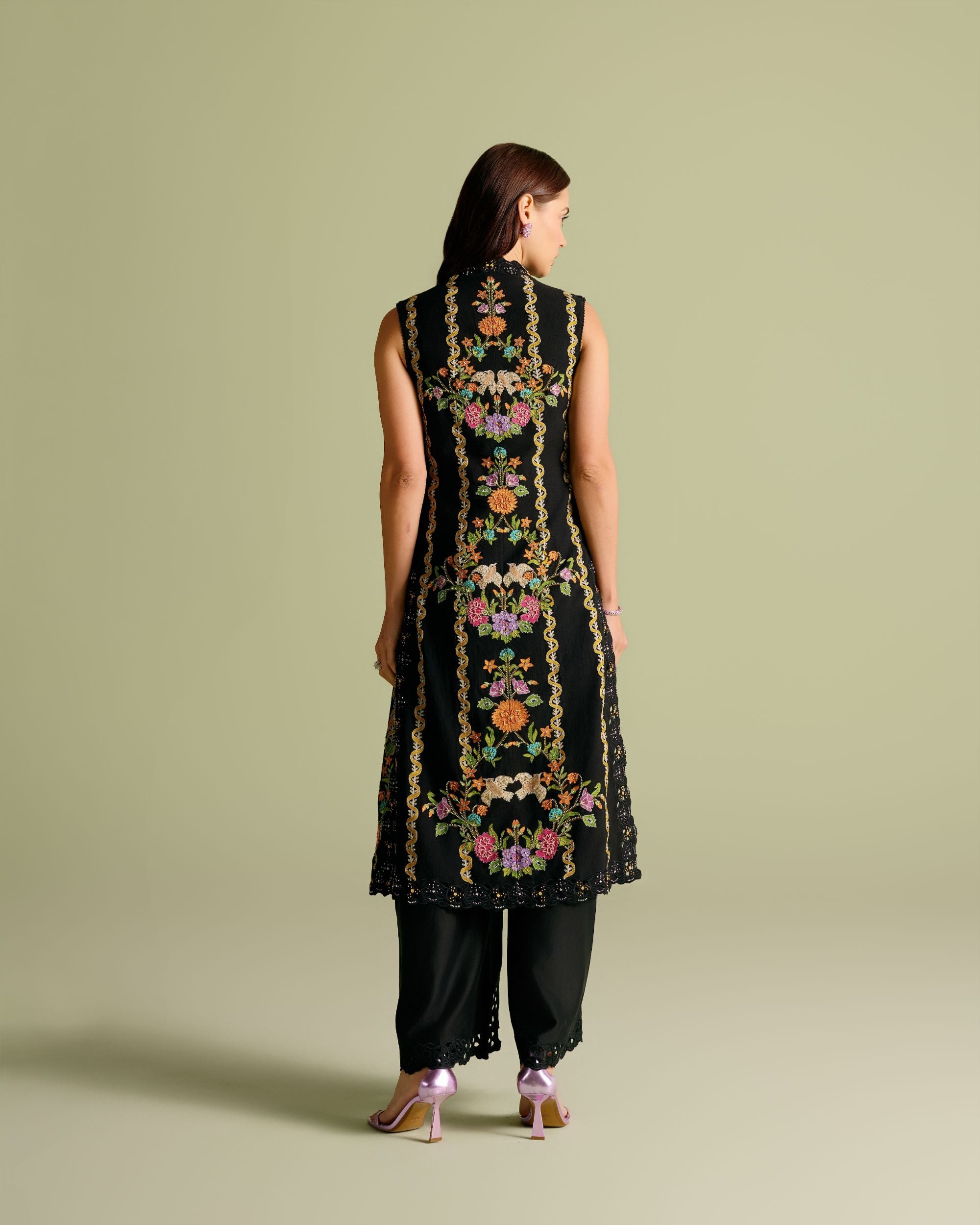 Black Floral Embroidered Long Jacket