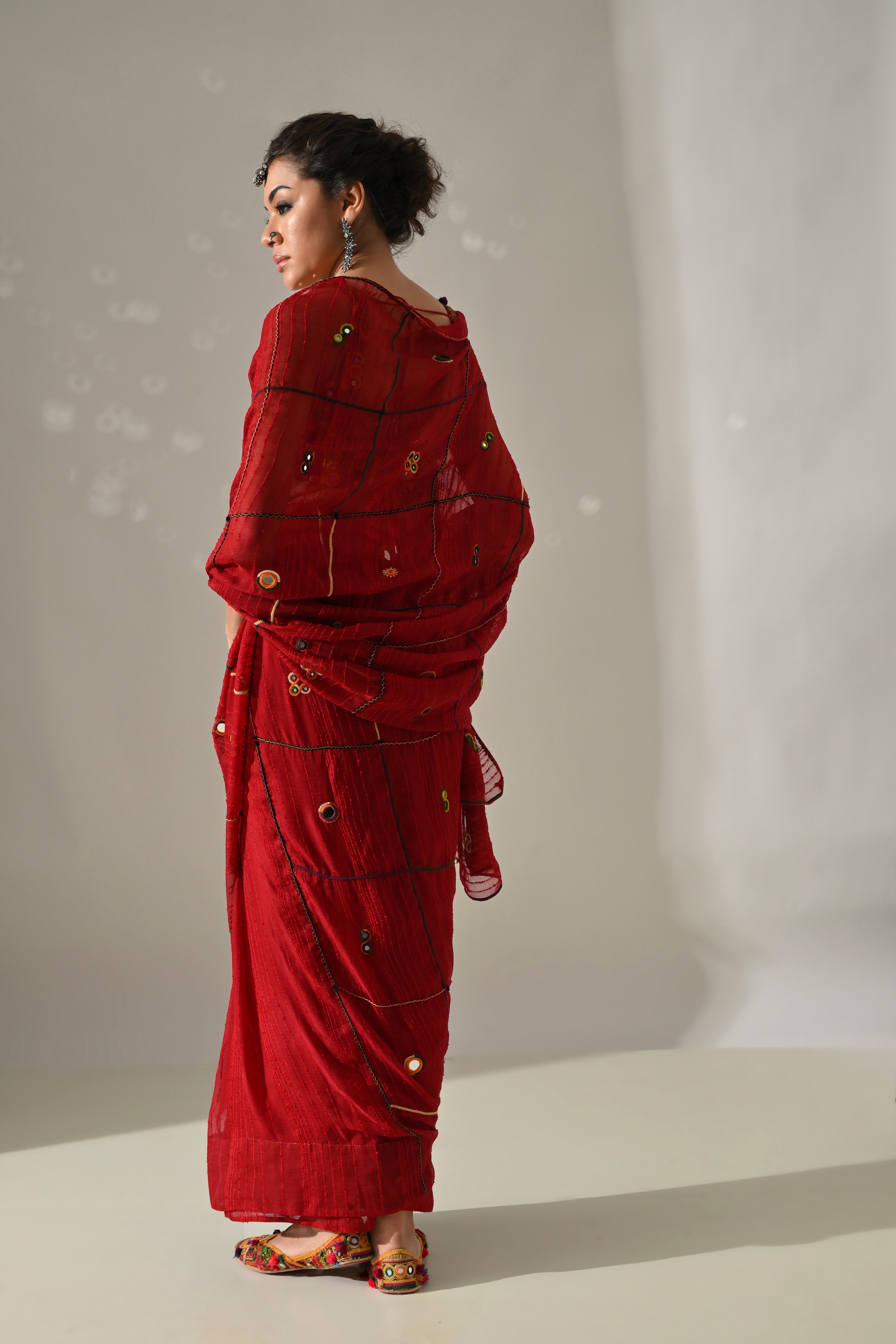 Red Mirror Work Hand Embroidered Saree Set