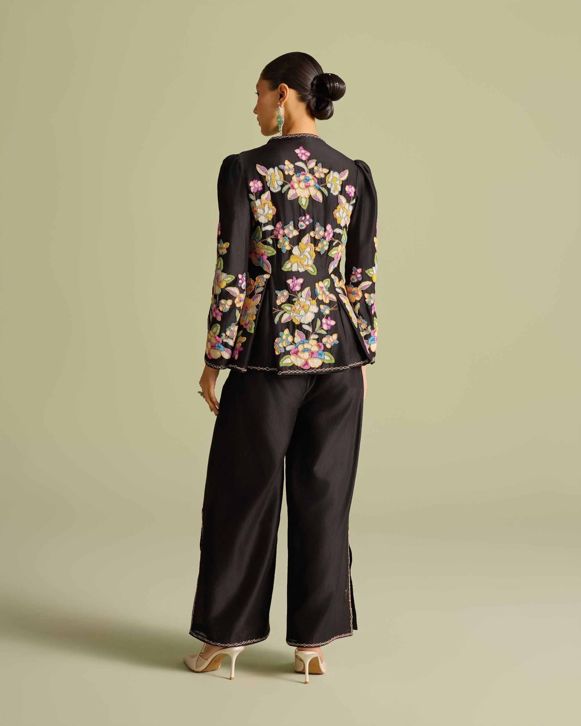 Black Cordwork And Beadwork Pleated Peplum Jacket