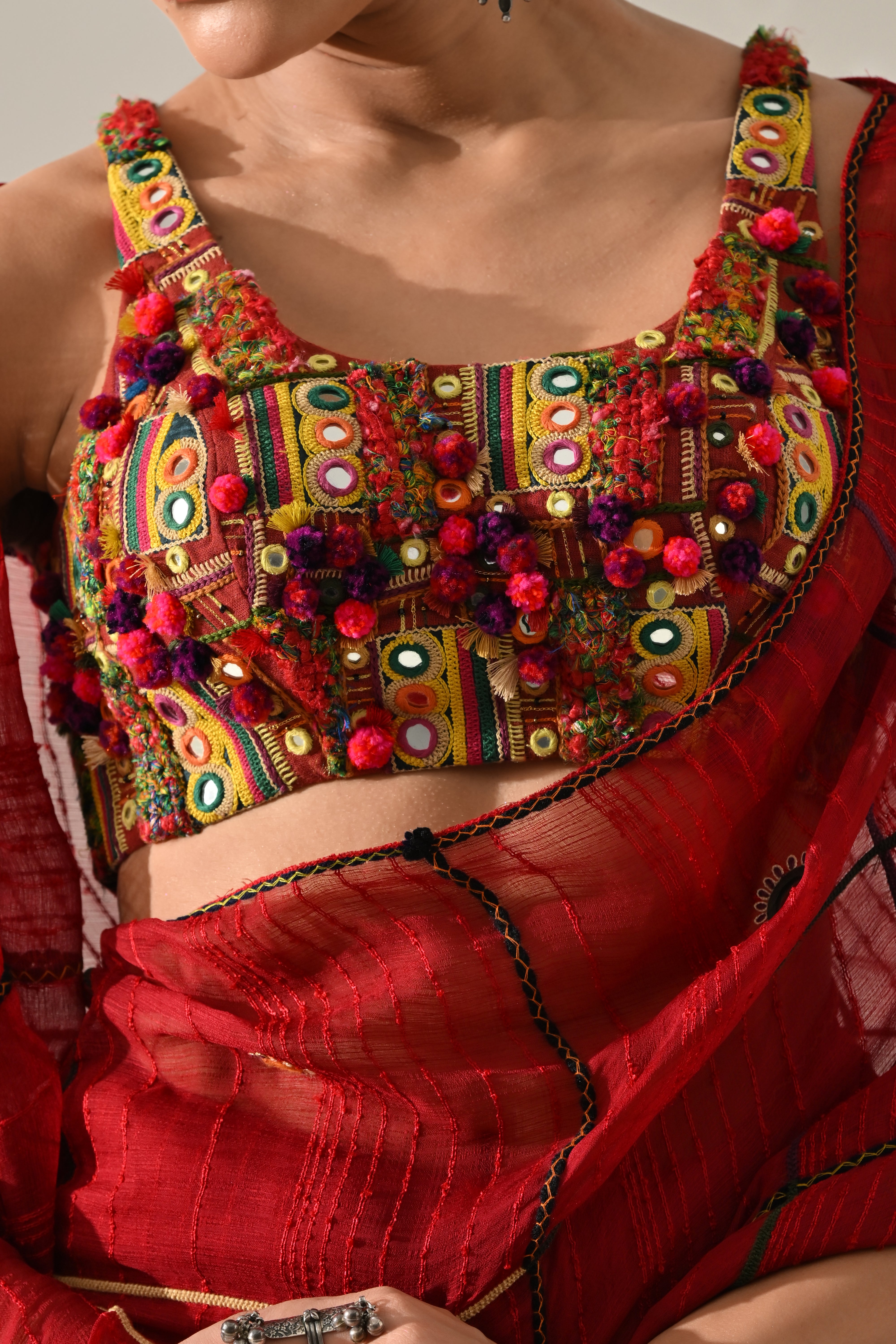 Red Mirror Work Hand Embroidered Saree Set