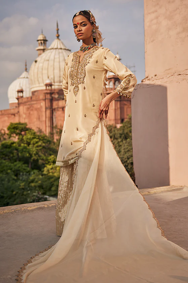 Exquisite Janya Ivory Handwoven Silk Kurta Sharara Dupatta Set Embroidered