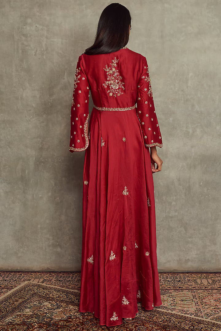 Red Embroidered Flared Anarkali Set