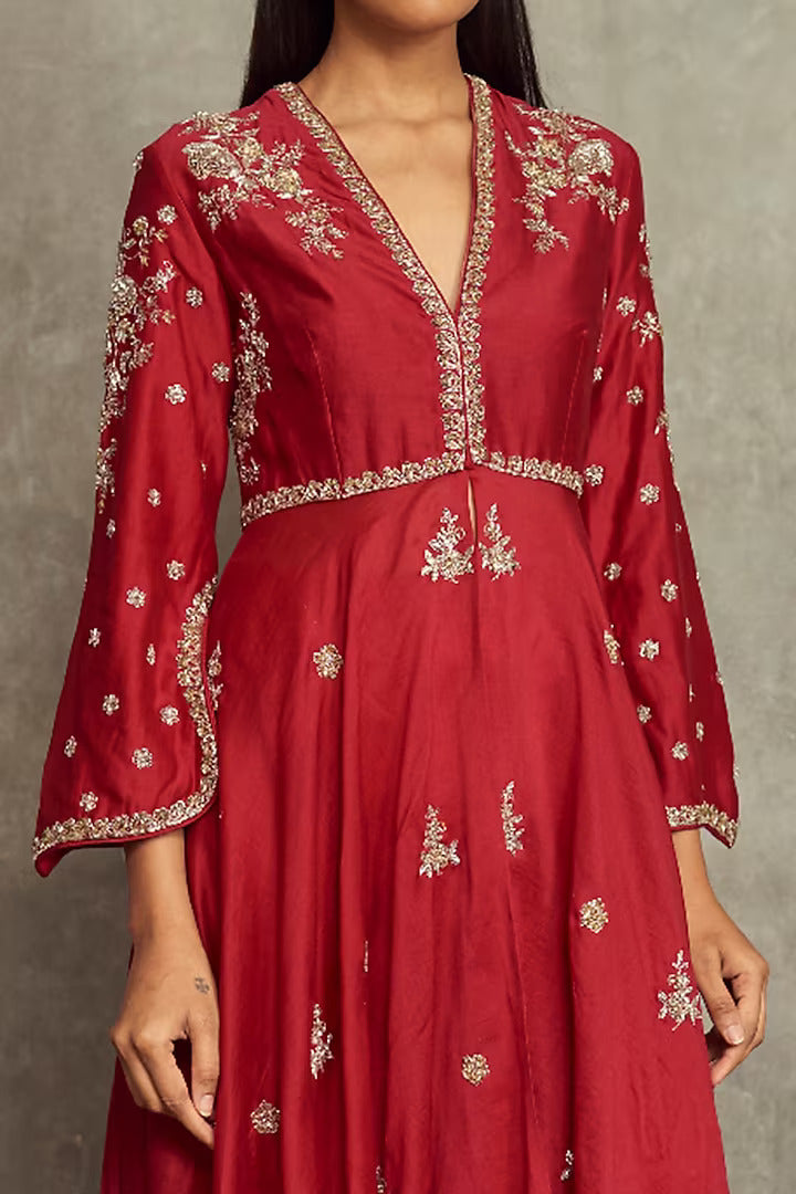 Red Embroidered Flared Anarkali Set