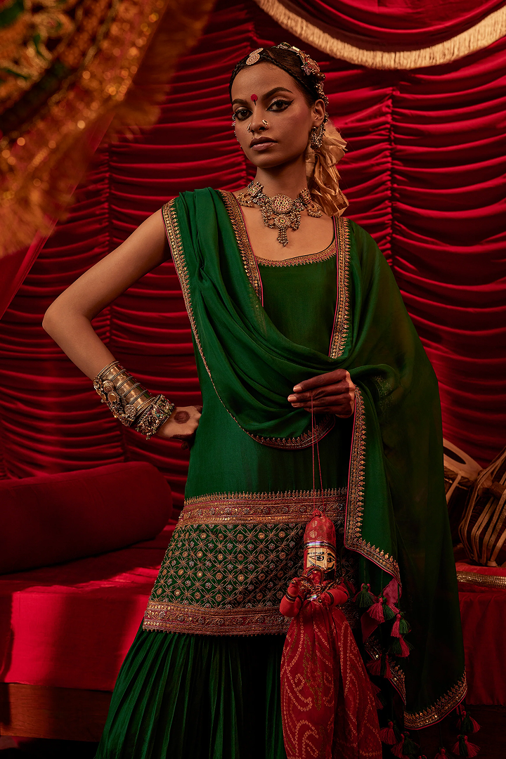 Jiya Emerald Green Handwoven Silk Kurta Sharara Dupatta Set with Zardosi Embroidery