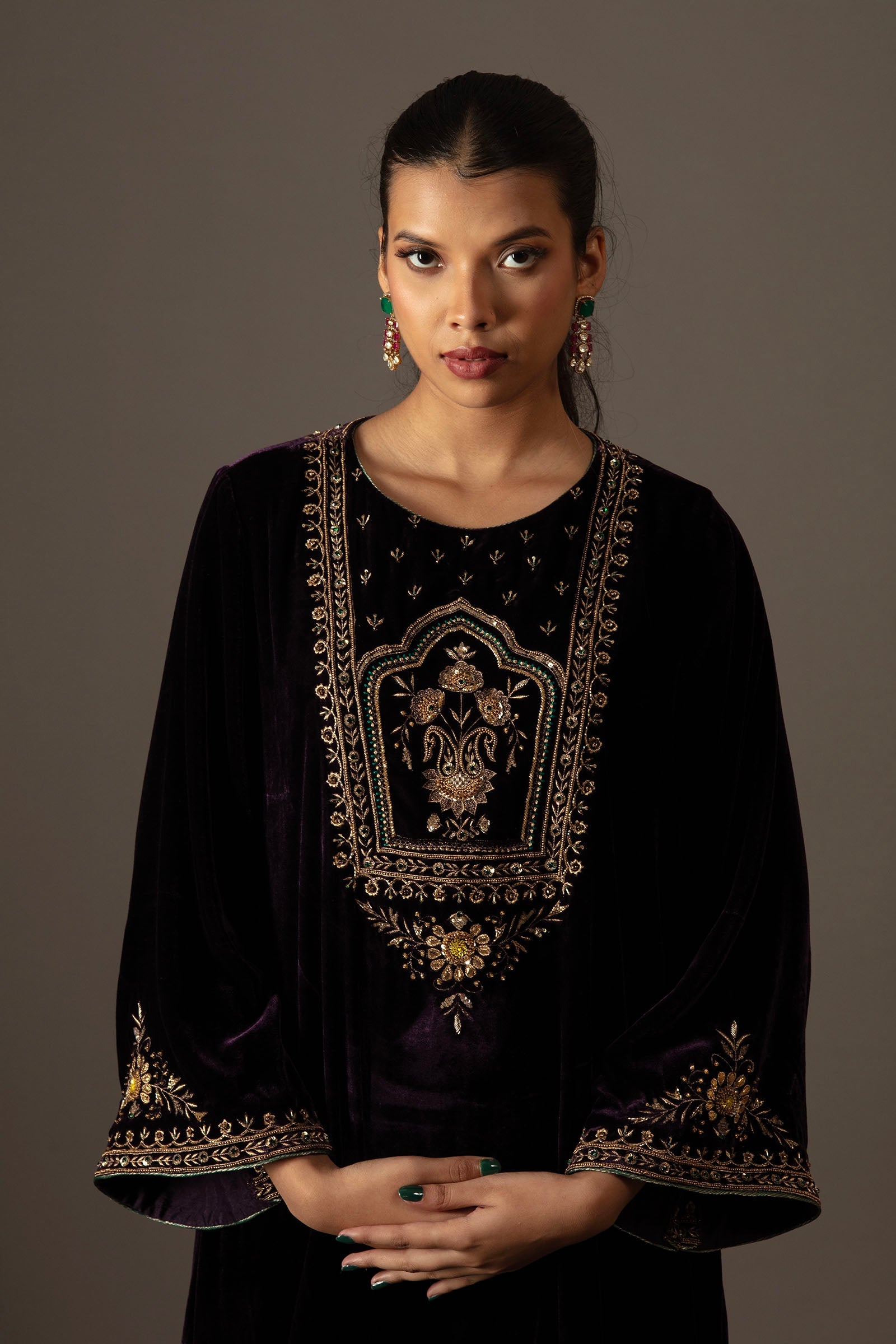 Naheed Velvet Kurta Set- Purple