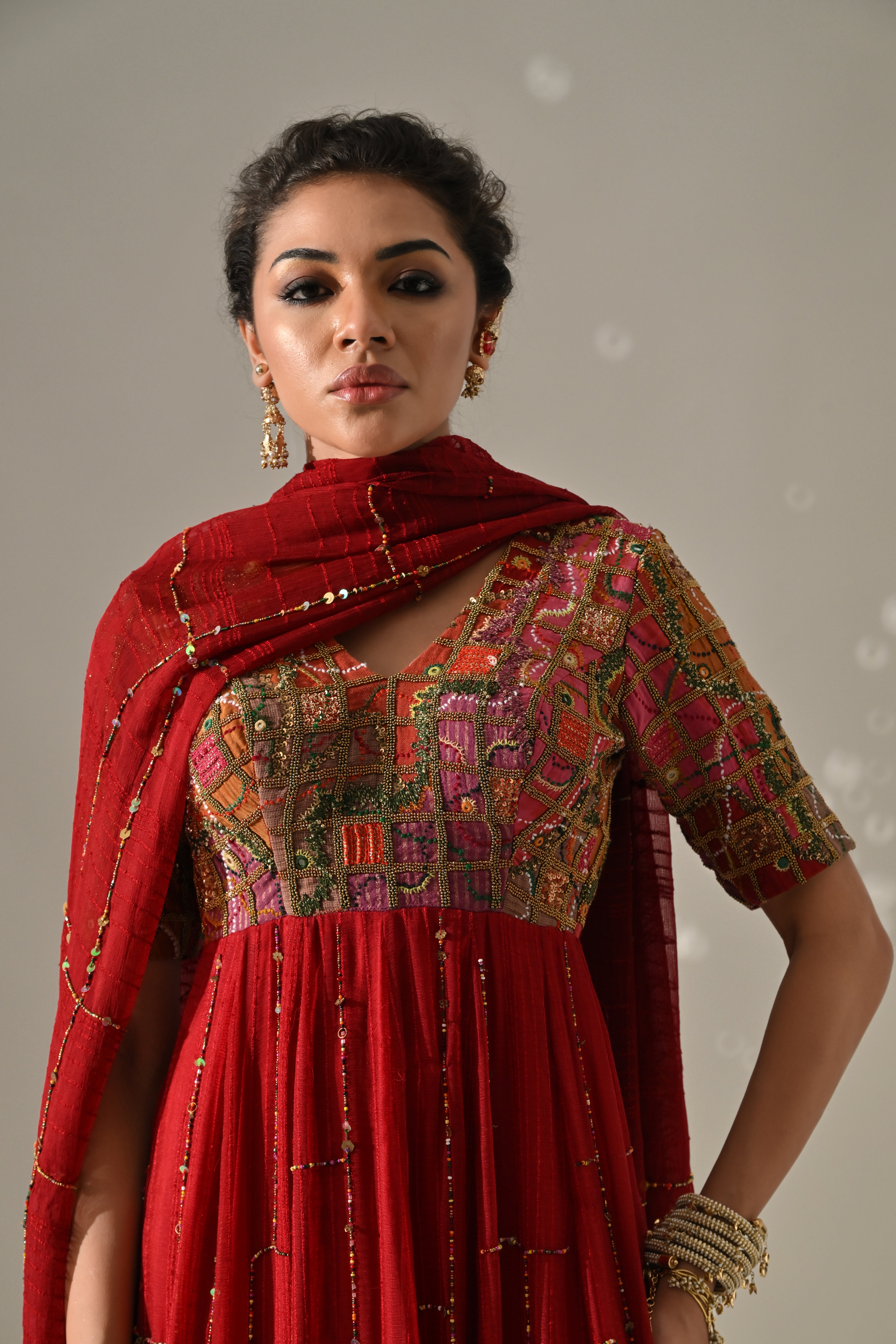 Red Hand Embroidered Anarkali Set