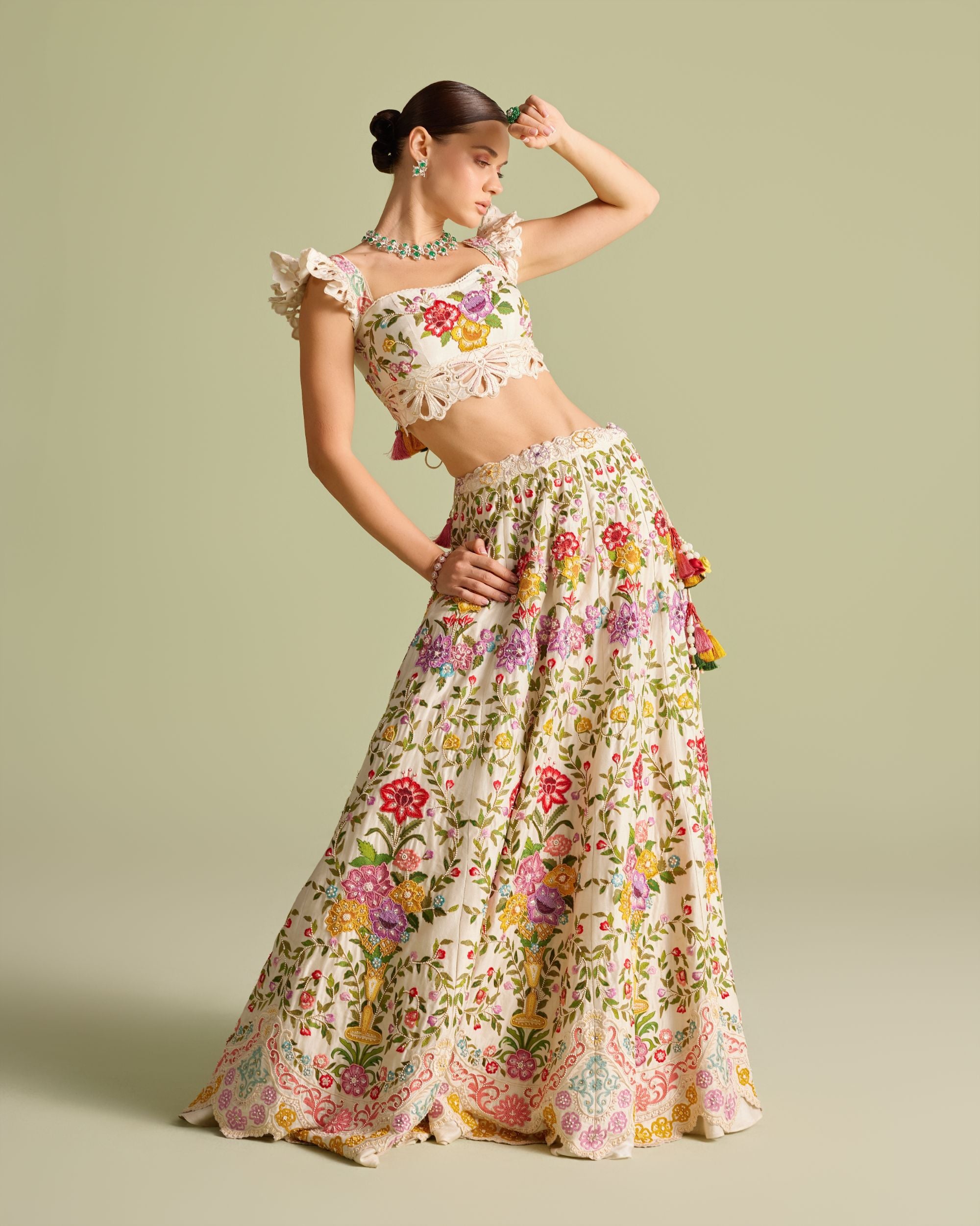 Ivory Multicolour Floral Threadwork Lehenga