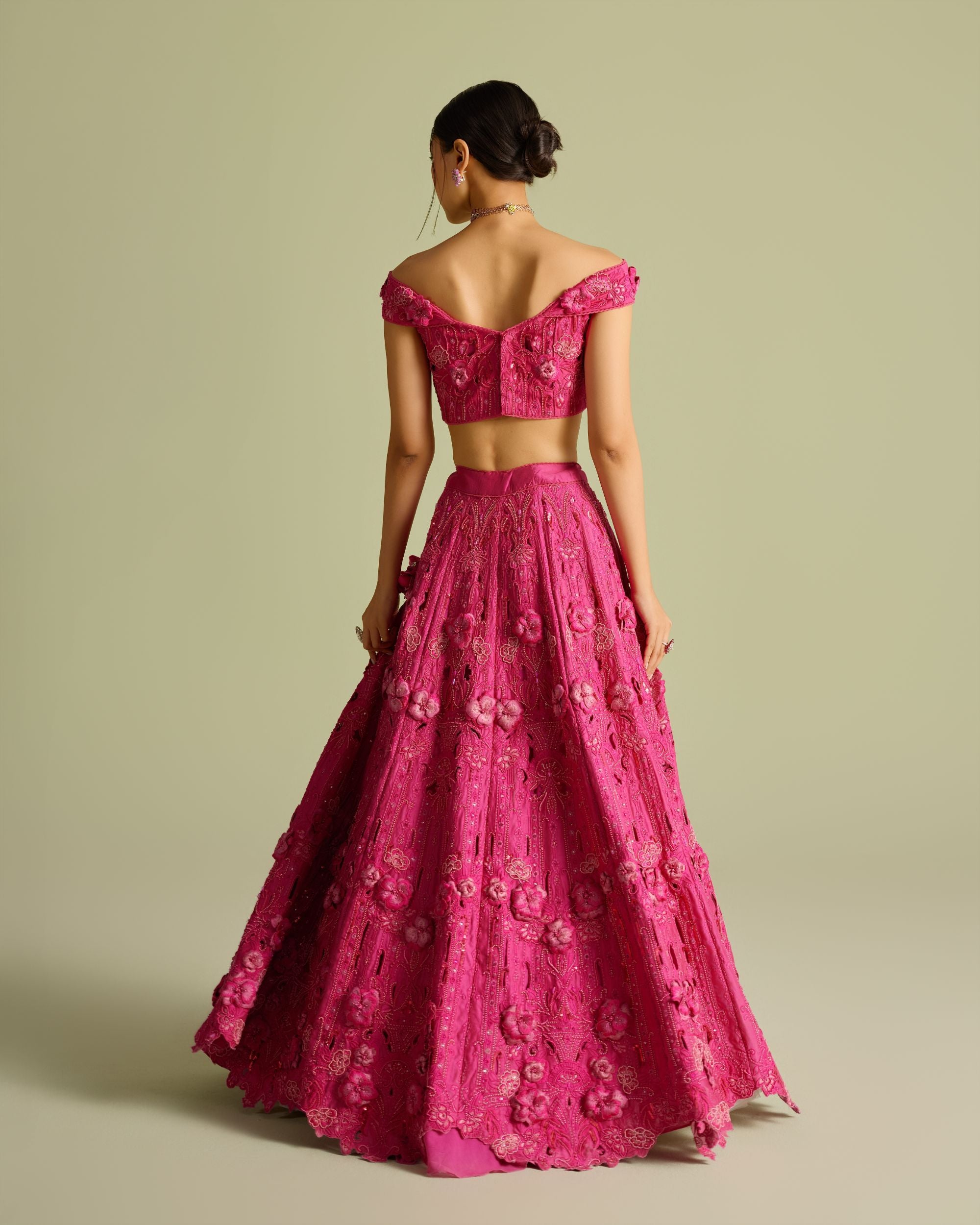 Fuchsia Cutwork And 3D Applique Lehenga