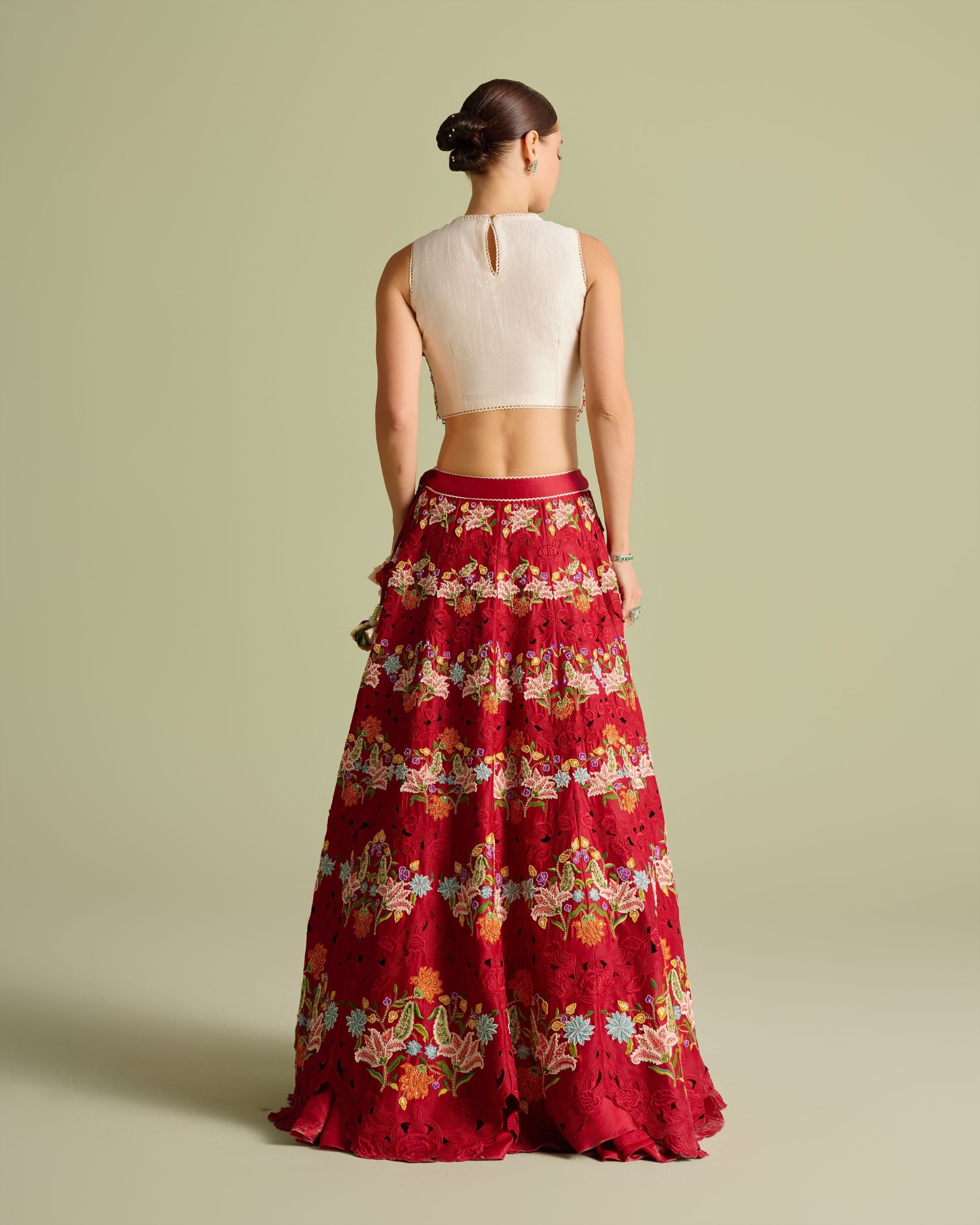 Red Floral Scallop Embroidered Lehenga