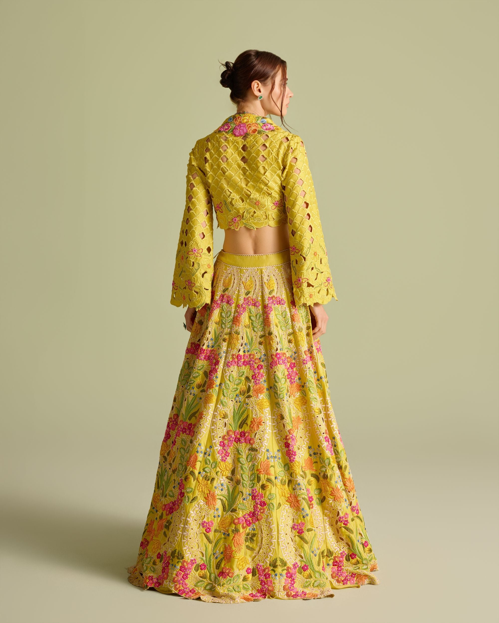 Yellow Multicolored Floral Embroidered Lehenga