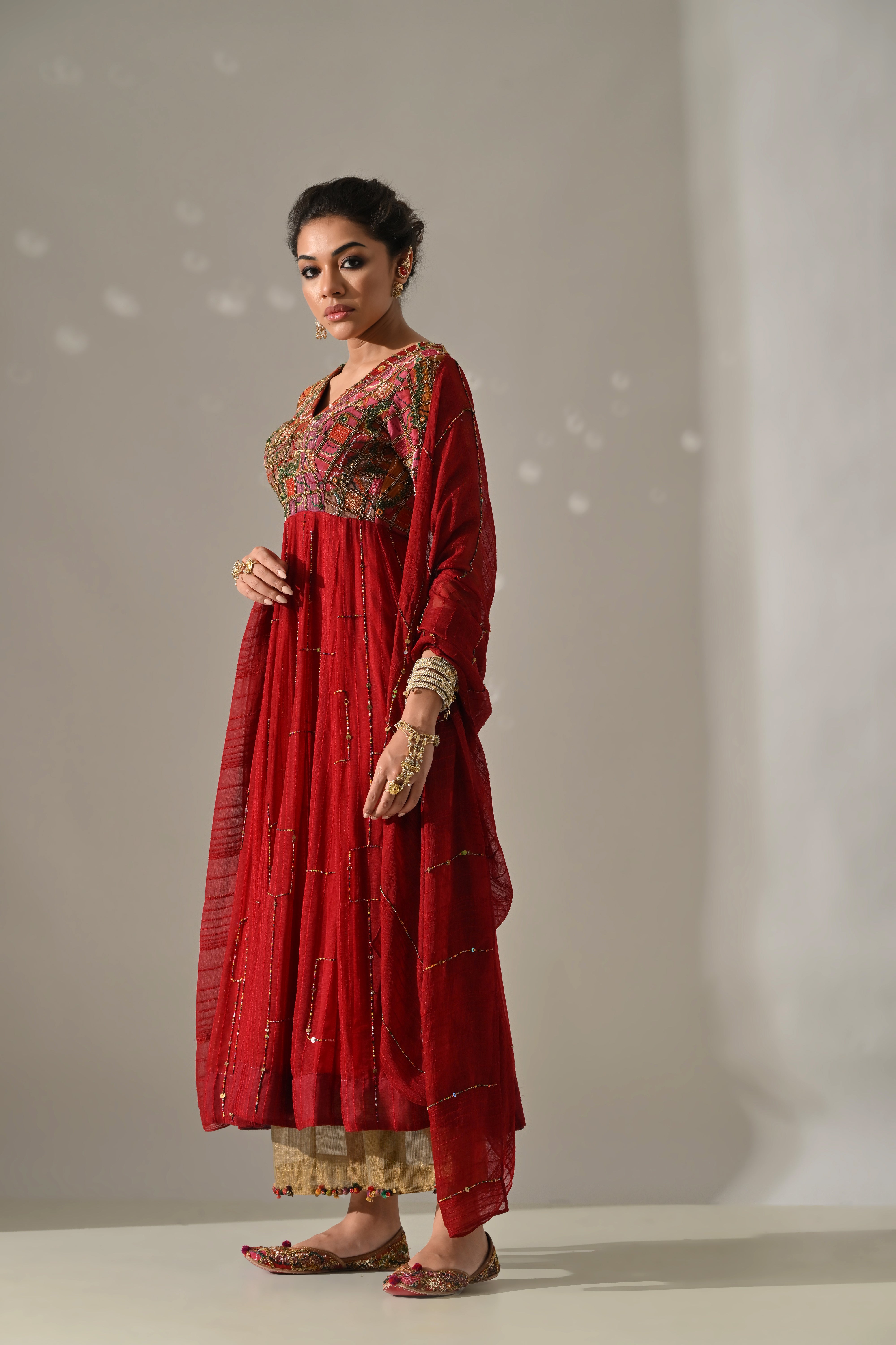 Red Hand Embroidered Anarkali Set