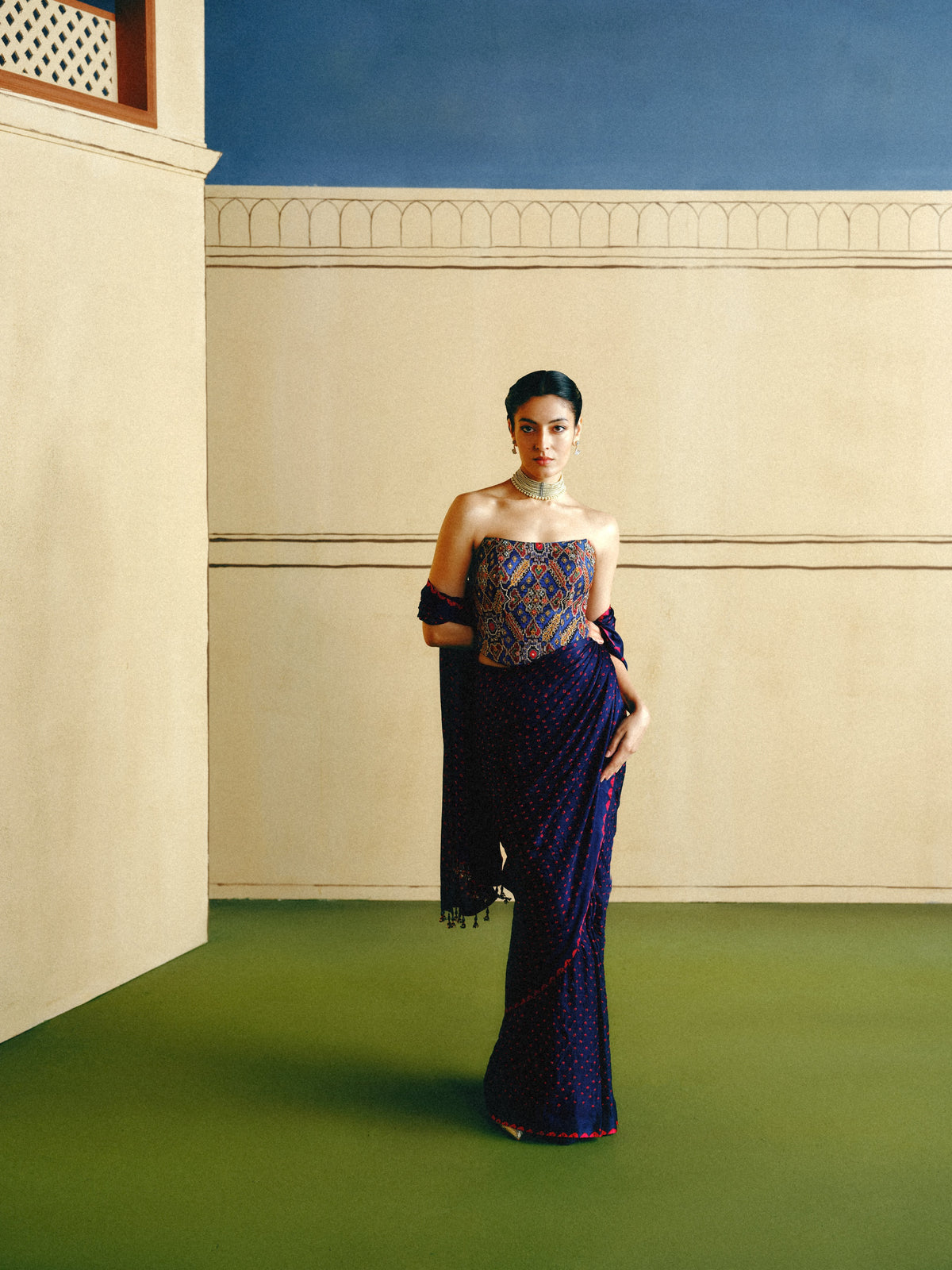 Blue Bandhani Corset Saree