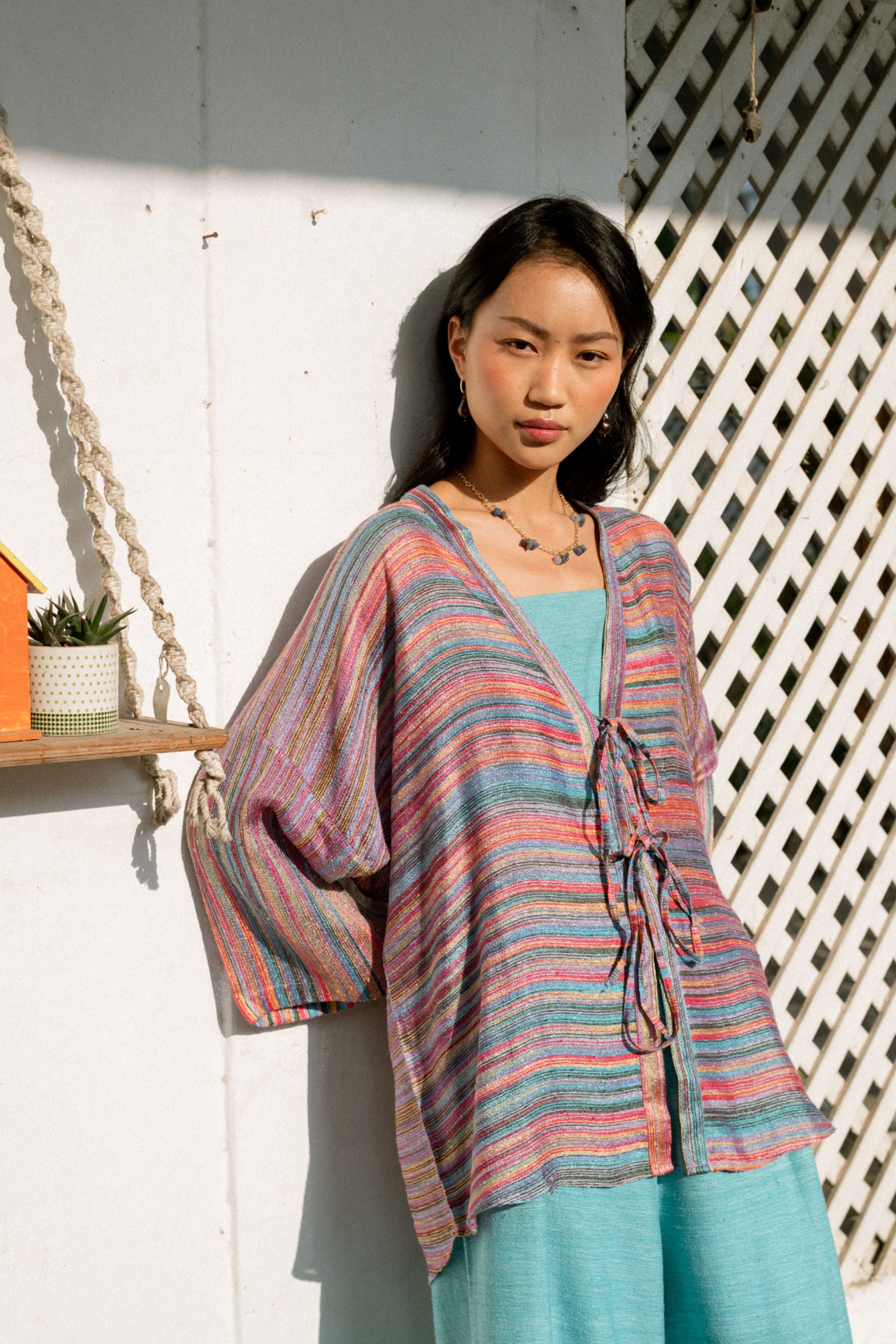 Textured Linen Shrug with Back Slit & Ice Blue Ensemble
