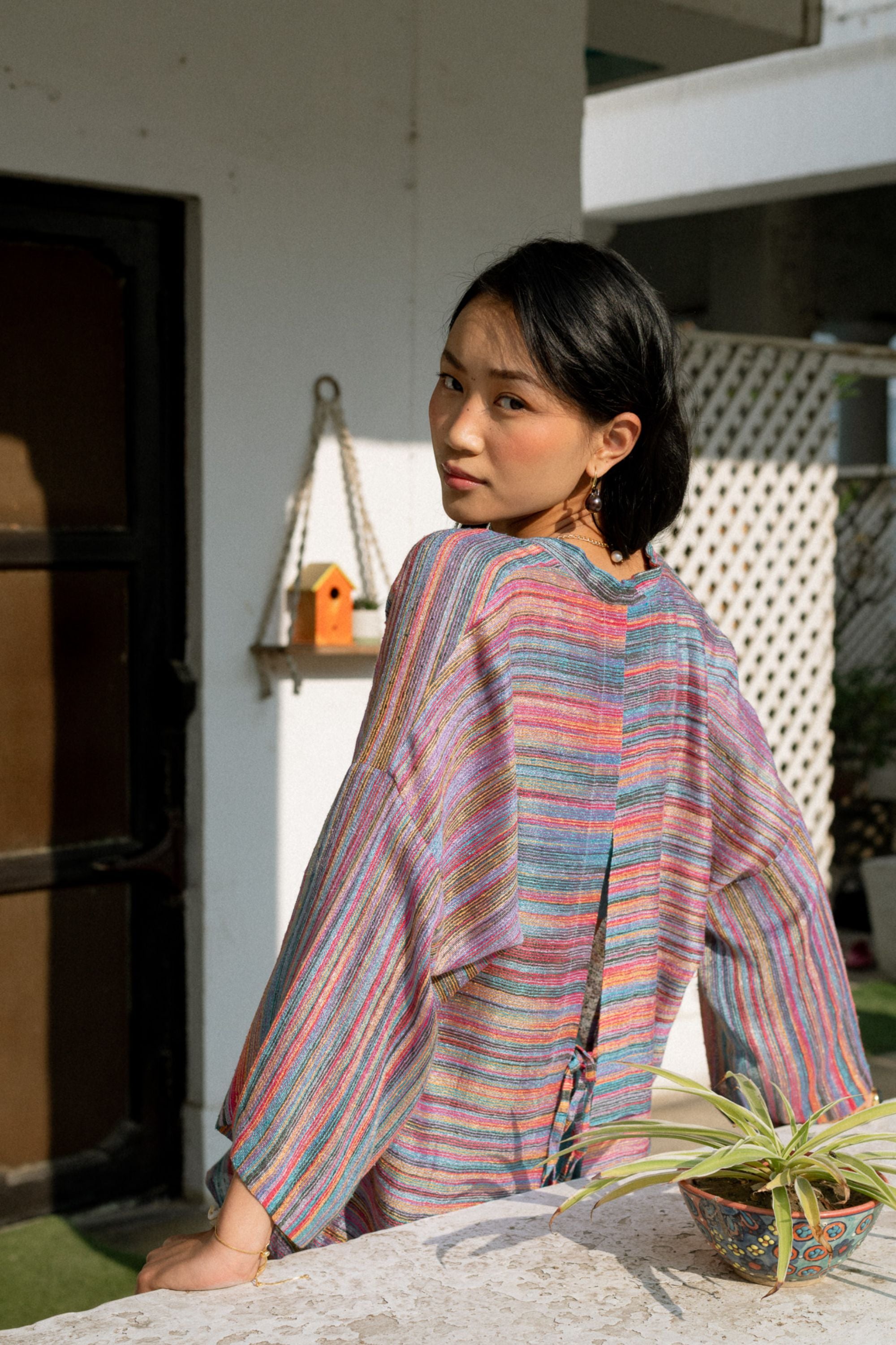 Textured Linen Shrug with Back Slit & Ice Blue Ensemble