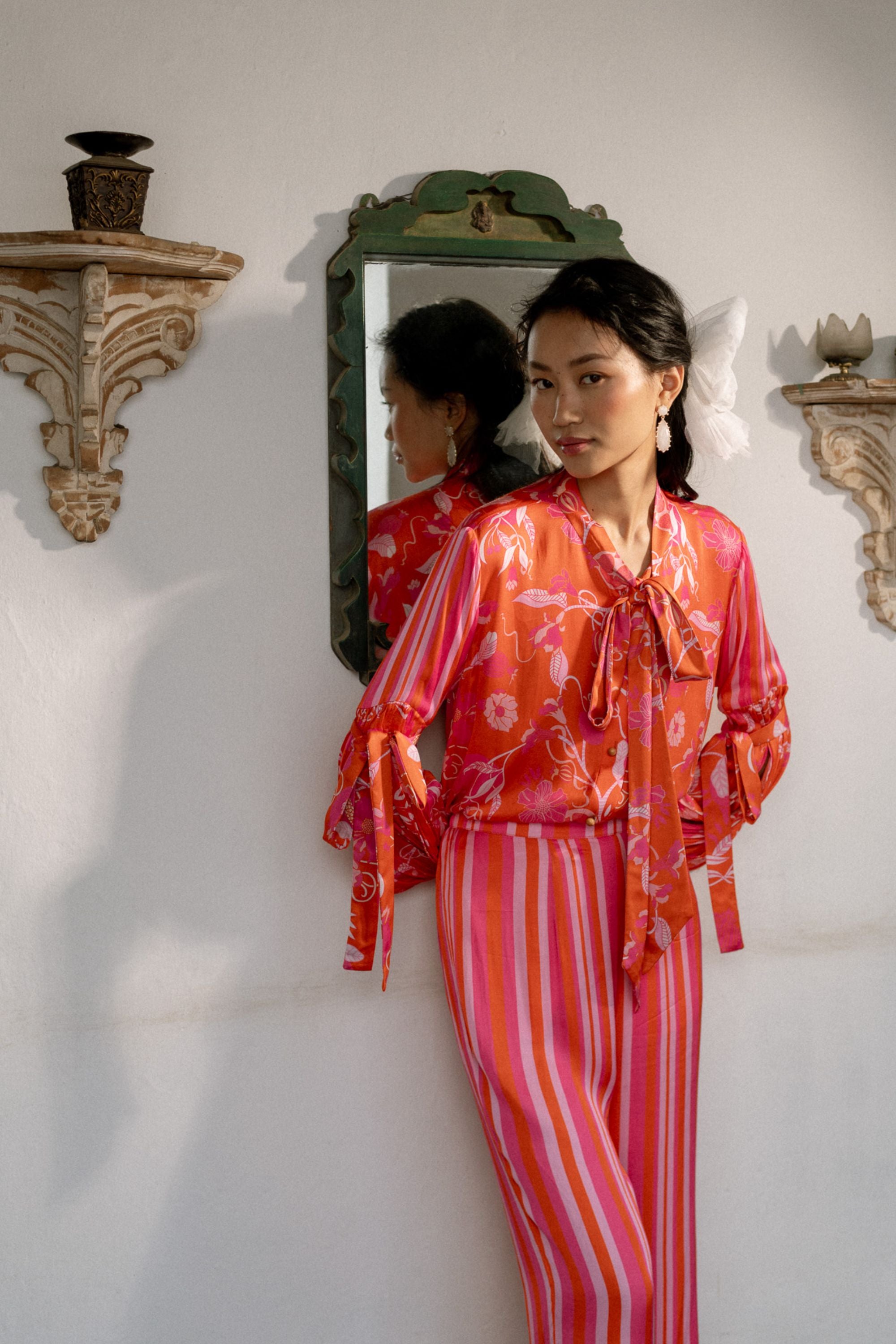 Modal Satin Tie-Knot Top with Slit Sleeves & Striped Pants